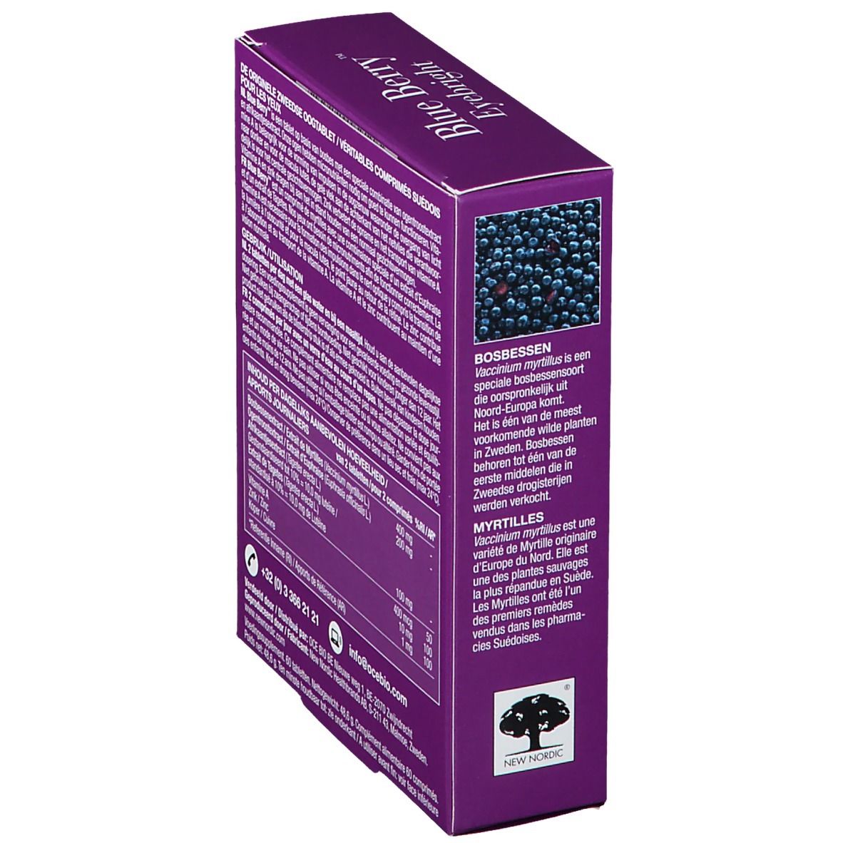 Boîte violette avec nom et logo du produit. Contient 60 comprimés. Texte en néerlandais, français et anglais.