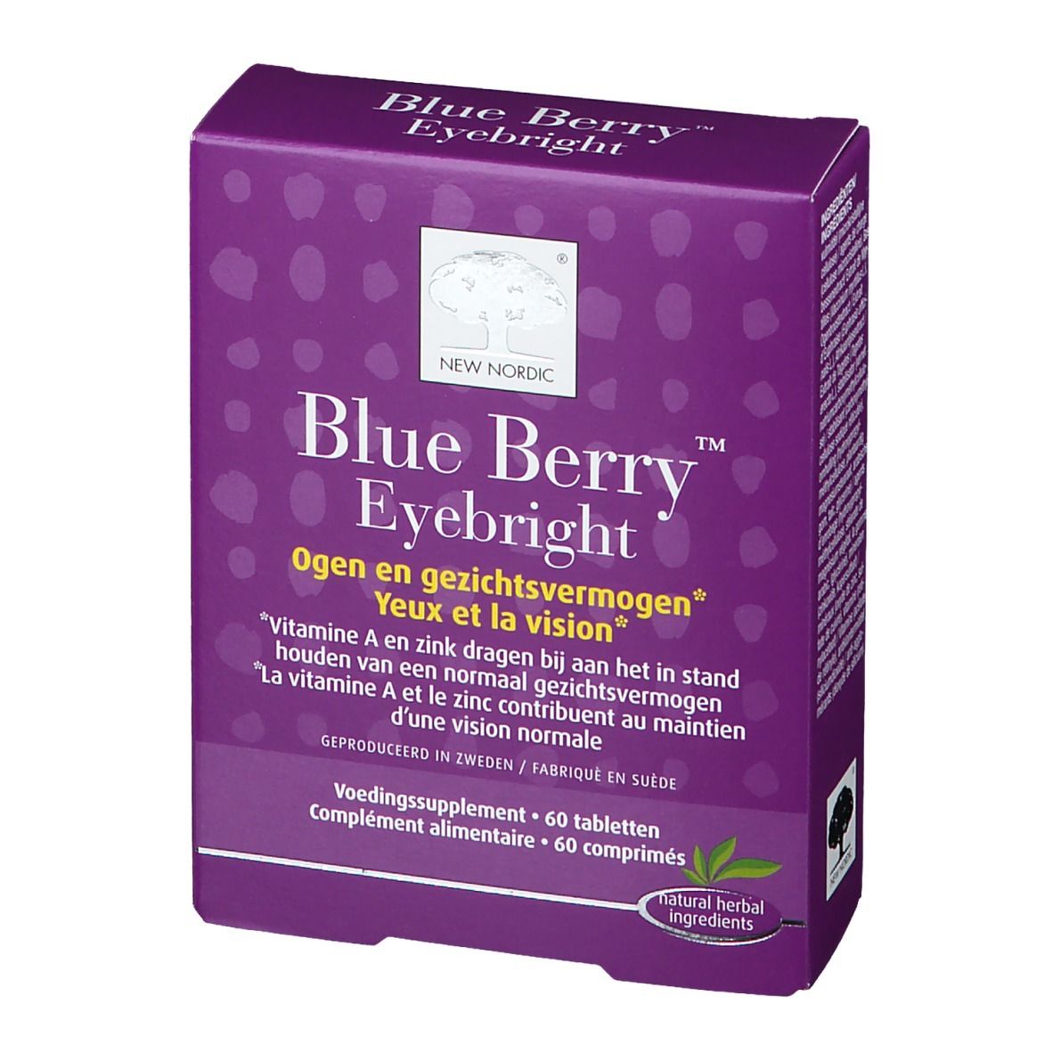 Boîte violette avec nom et logo du produit. Contient 60 comprimés. Texte en néerlandais, français et anglais.
