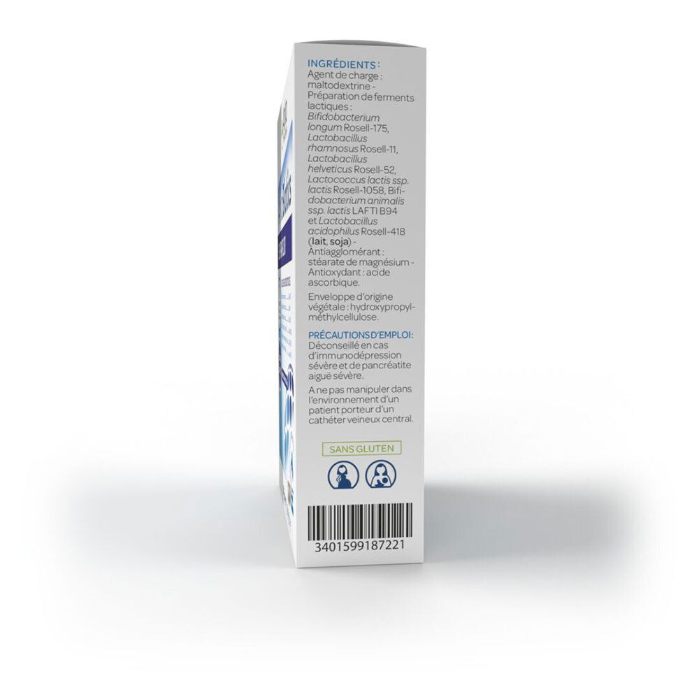 Vue latérale de l'emballage ArkoBiotics SUPRAFLOR. Contient une liste d'ingrédients, dont Lactobacillus et Bifidobacterium. Symbole sans gluten.
