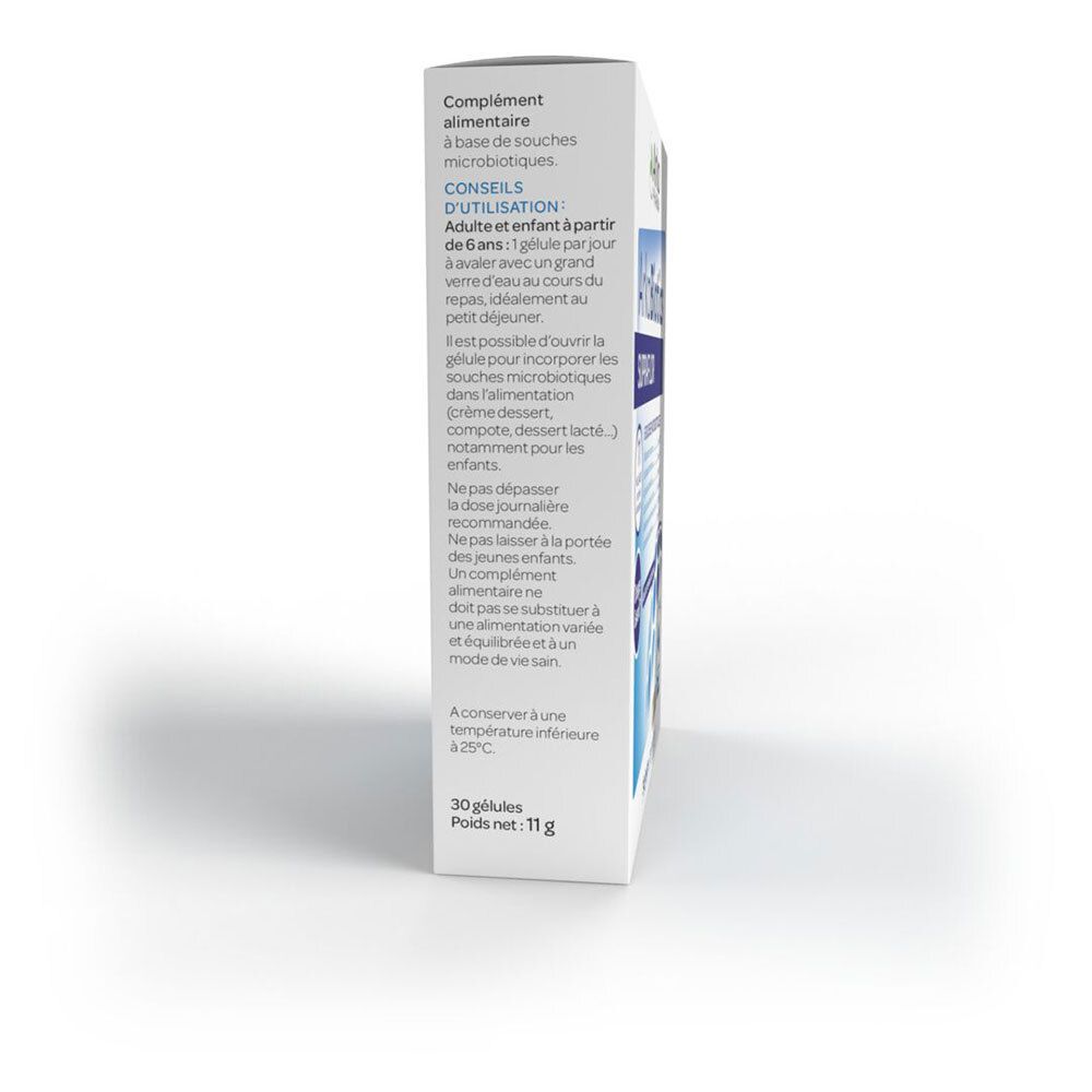 Vue latérale de l'emballage ArkoBiotics SUPRAFLOR. Contient des conseils d'utilisation : 1 gélule par jour. 30 gélules. Poids net 11 g.