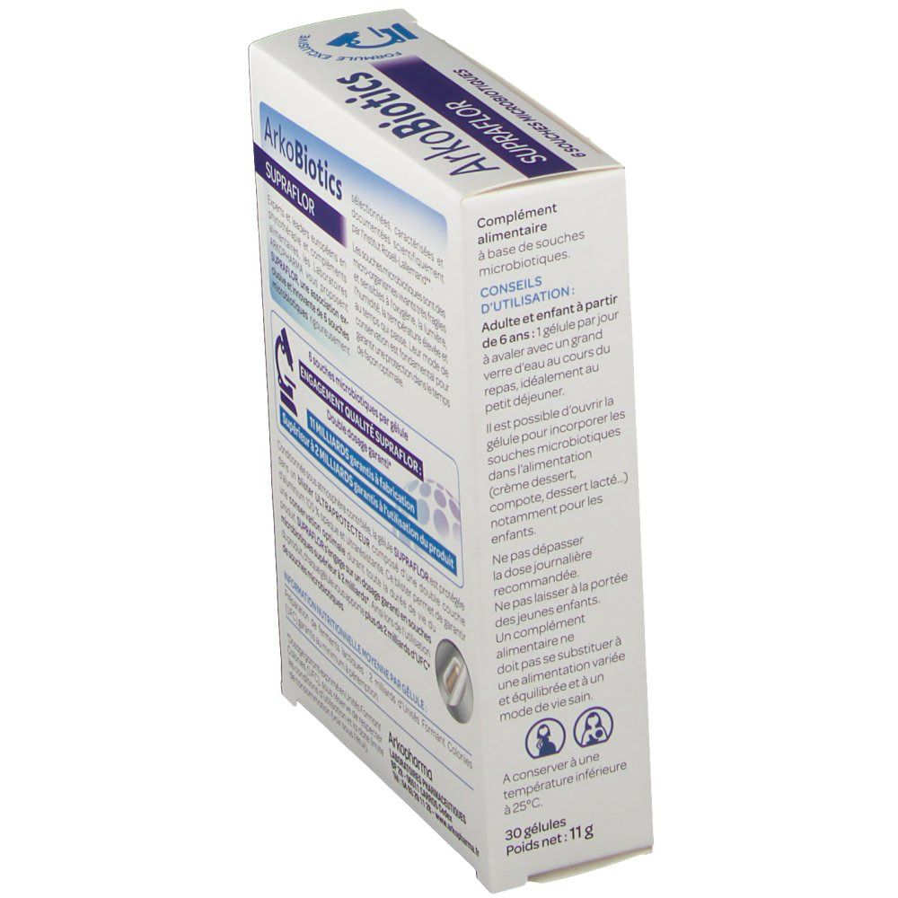 Vue oblique de l'emballage ArkoBiotics SUPRAFLOR. Contient des conseils d'utilisation et des informations sur les ingrédients. 30 gélules, poids net 11 g.