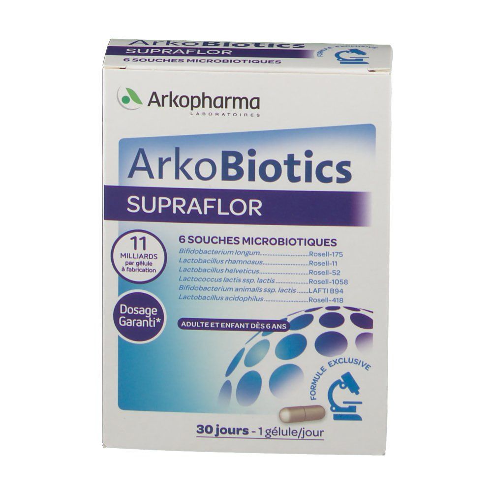 Vue de face de l'emballage ArkoBiotics SUPRAFLOR. Contient le nom du produit, 6 souches microbiotiques et le dosage. Pour adultes et enfants dès 6 ans.