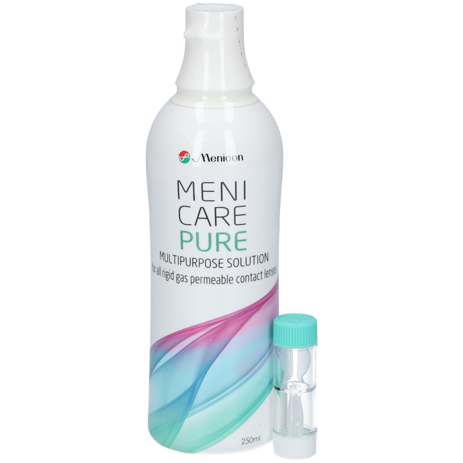 Witte fles met groene dop en houder. Opschrift: Menicare Pure. Multipurpose Solution. Voor vormvaste contactlenzen.