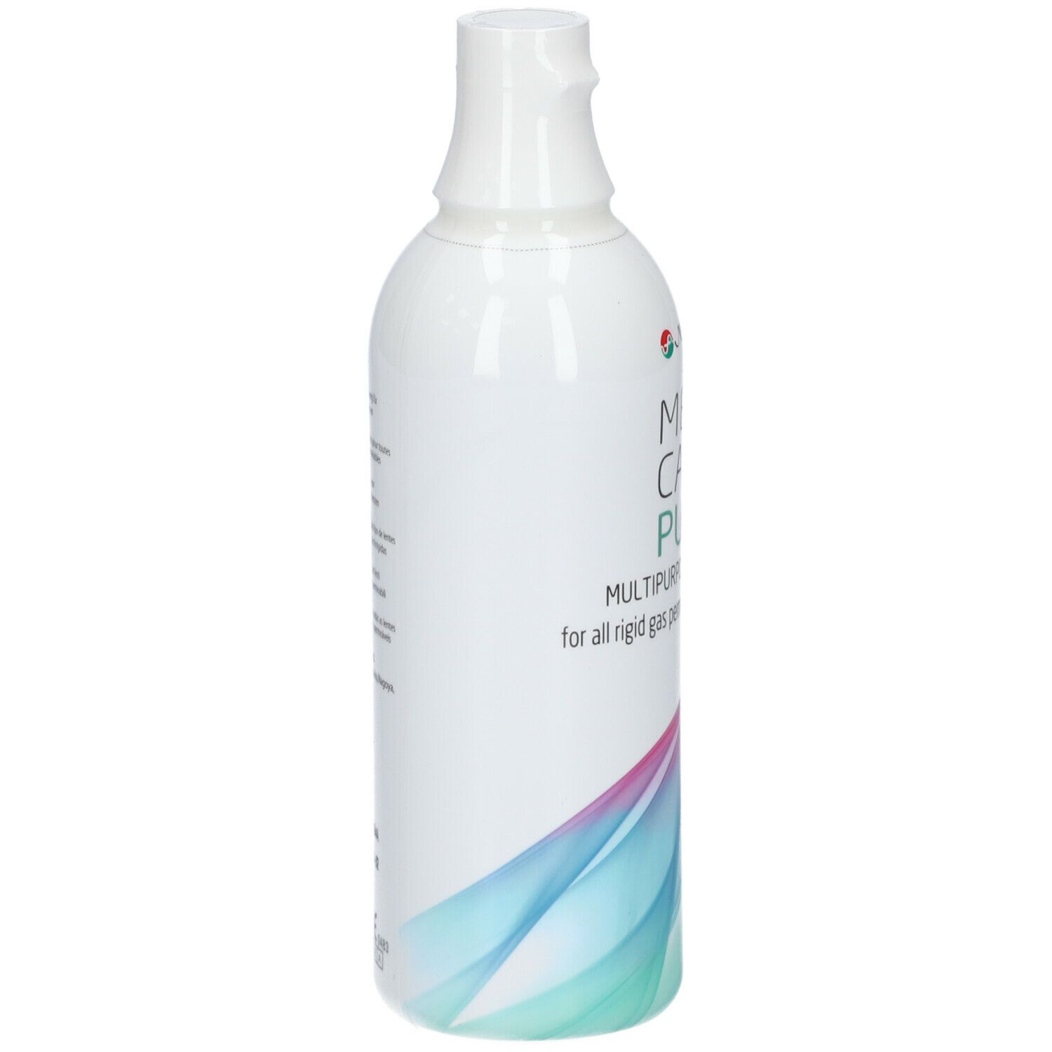 Witte fles met opschrift Menicare Pure. Multipurpose Solution. Voor vormvaste contactlenzen. Kleurverloop.