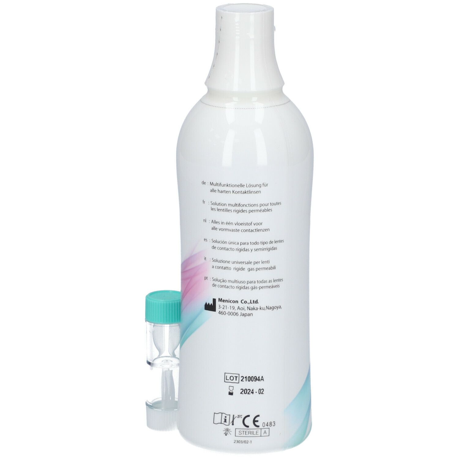 Witte fles met opschrift Menicare Pure. Multipurpose Solution. Voor vormvaste contactlenzen. Met houder.