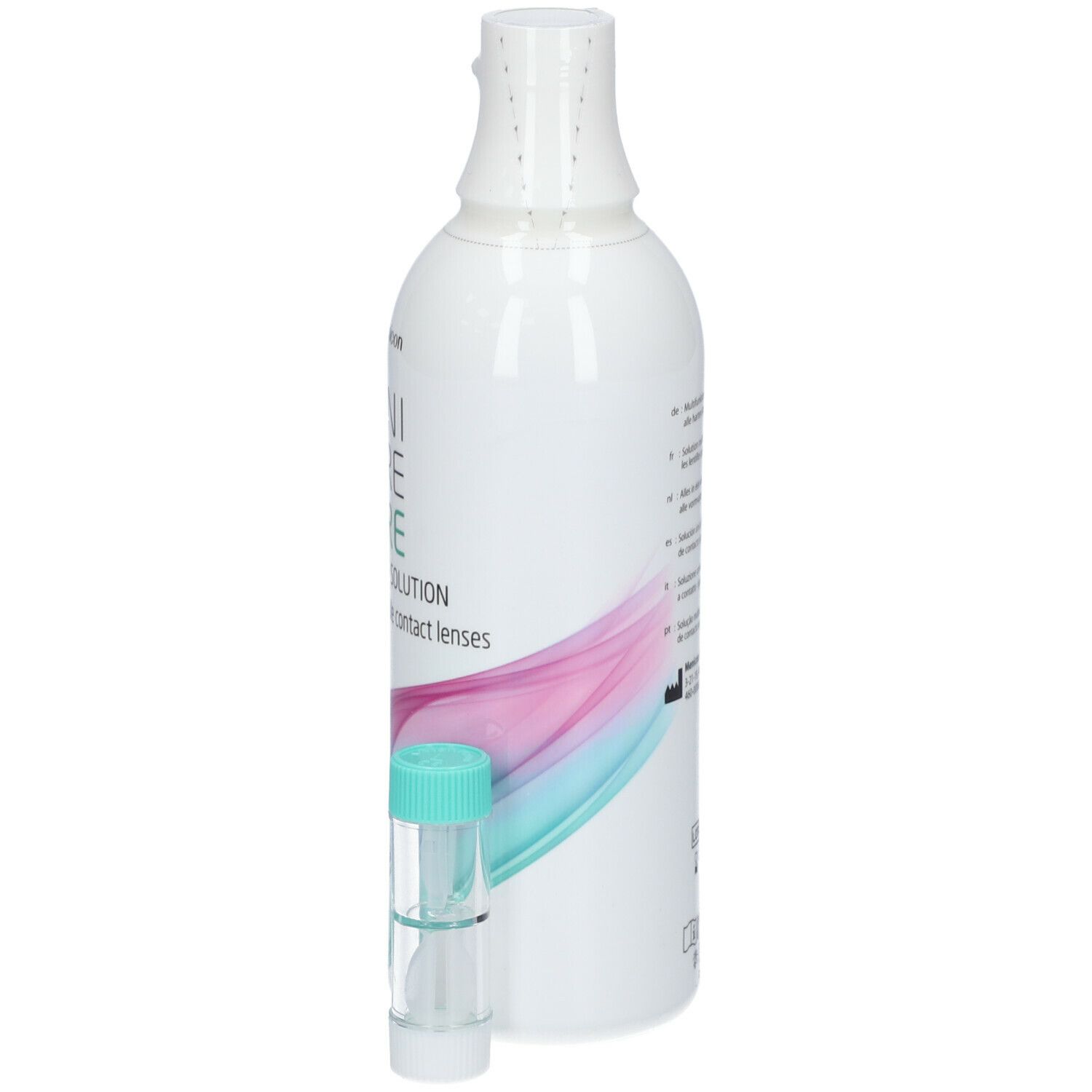Witte fles met groene dop en houder. Opschrift: Menicare Pure. Multipurpose Solution. Voor vormvaste contactlenzen.