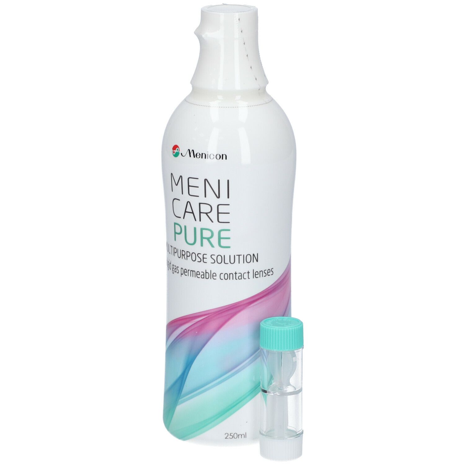 Witte fles met groene dop en houder. Opschrift: Menicare Pure. Multipurpose Solution. Voor vormvaste contactlenzen.