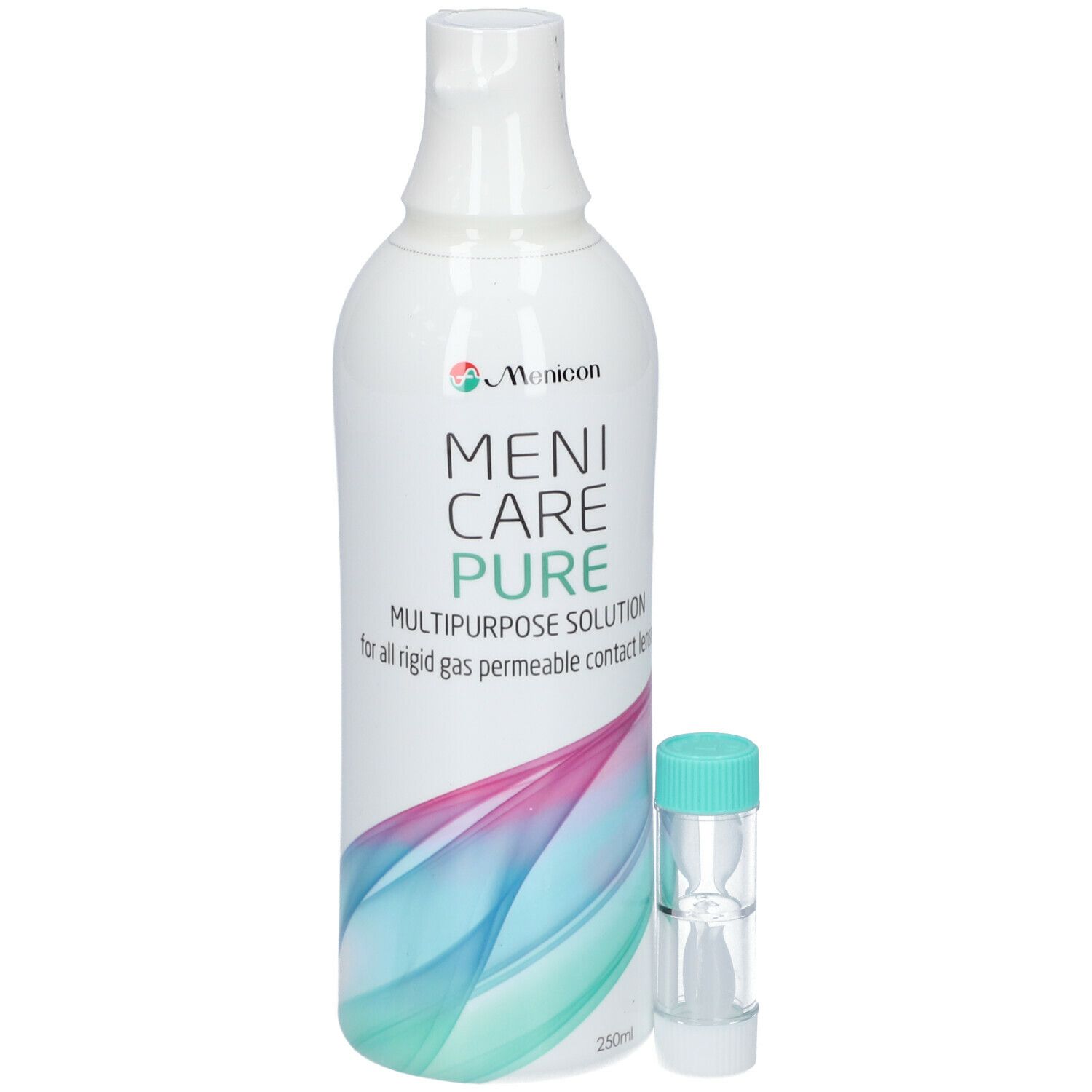 Witte fles met groene dop en houder. Opschrift: Menicare Pure. Multipurpose Solution. Voor vormvaste contactlenzen.