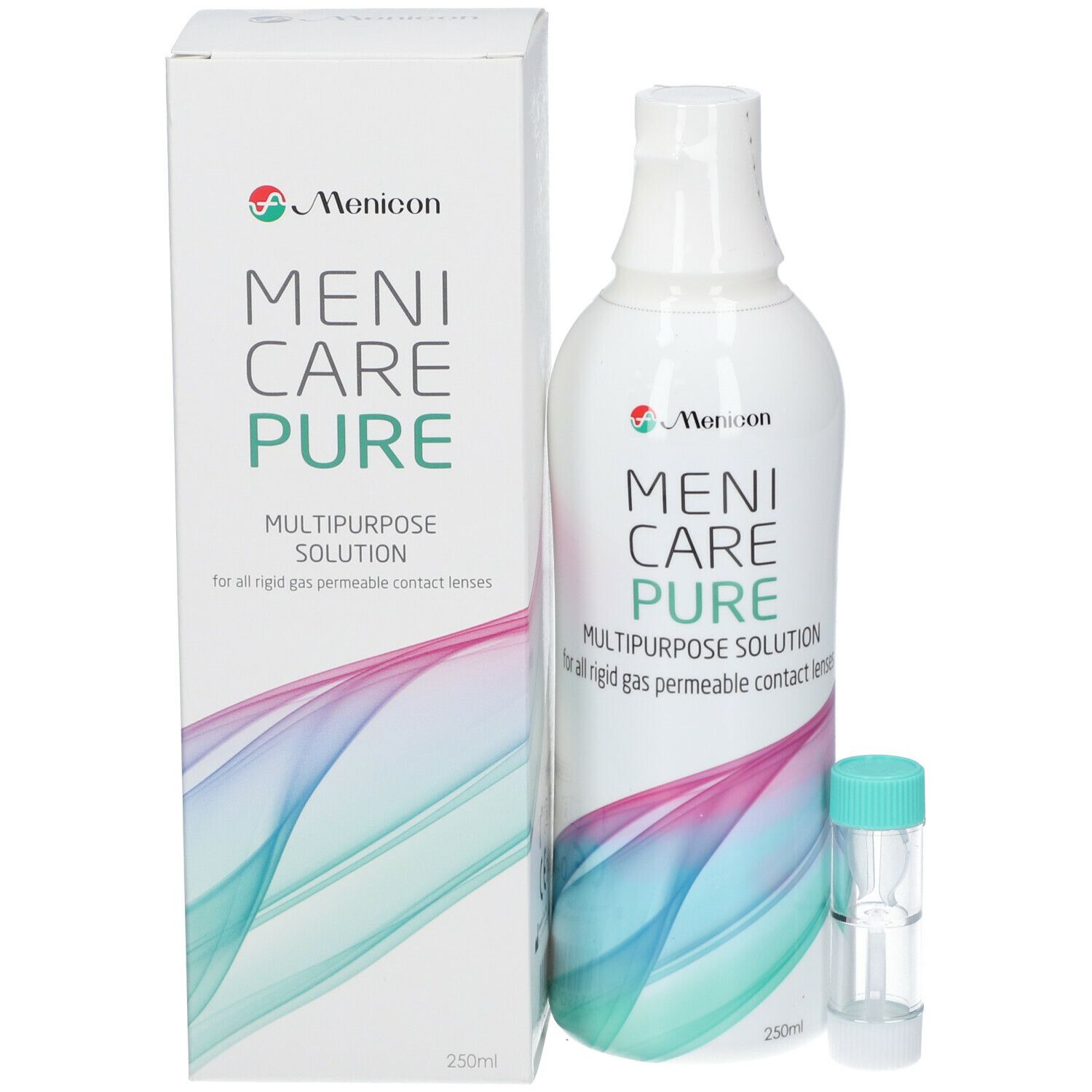 Productverpakking en fles. Opschrift: Menicare Pure. Multipurpose Solution. Voor vormvaste contactlenzen. Met houder.