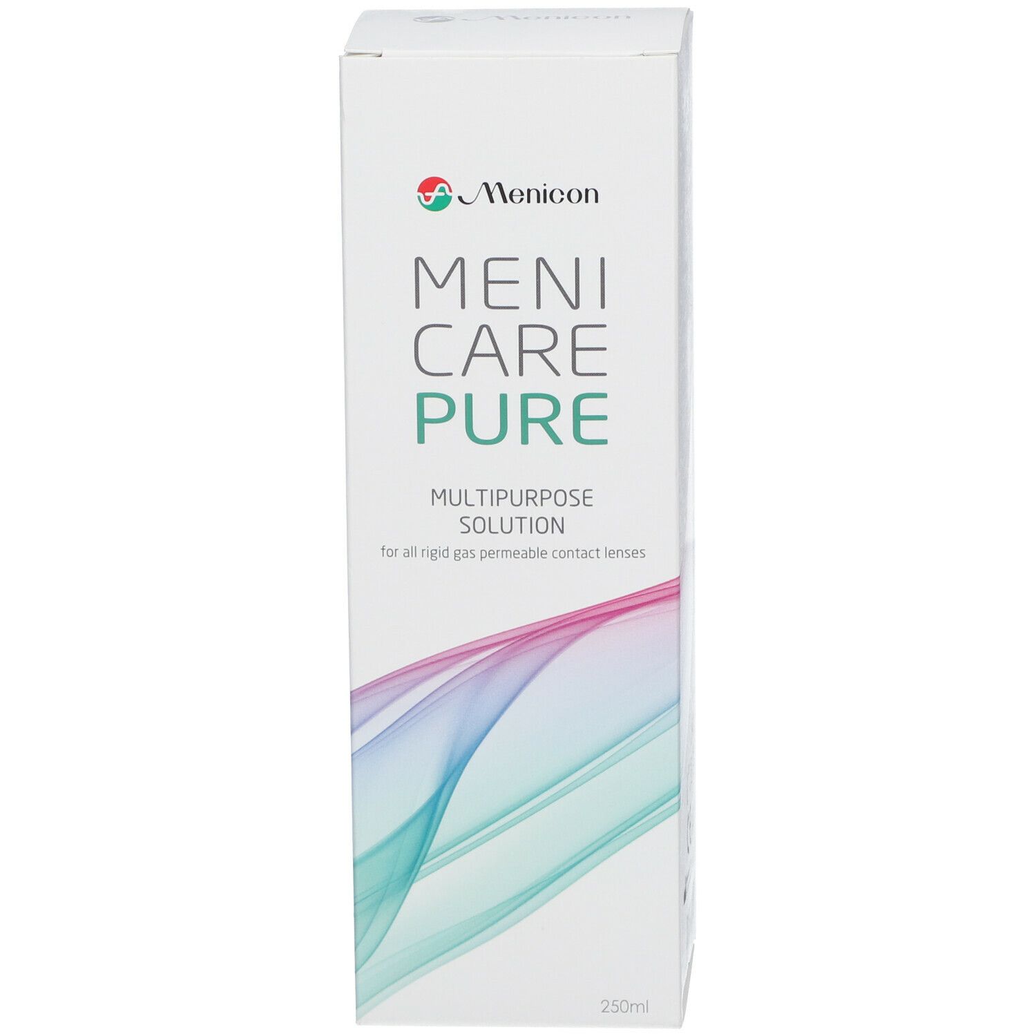 Productverpakking. Opschrift: Menicare Pure. Multipurpose Solution. Voor vormvaste contactlenzen. 250ml.