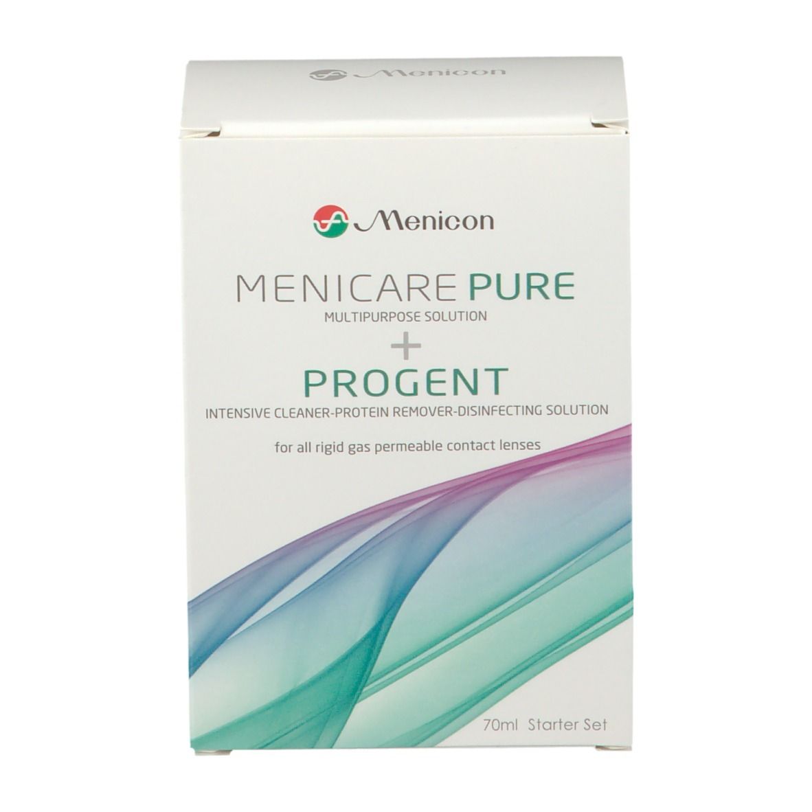 Weißer Karton mit Produktnamen MeniCare Pure + Progent. Enthält eine Lösung für Kontaktlinsen. 70ml Starter Set.