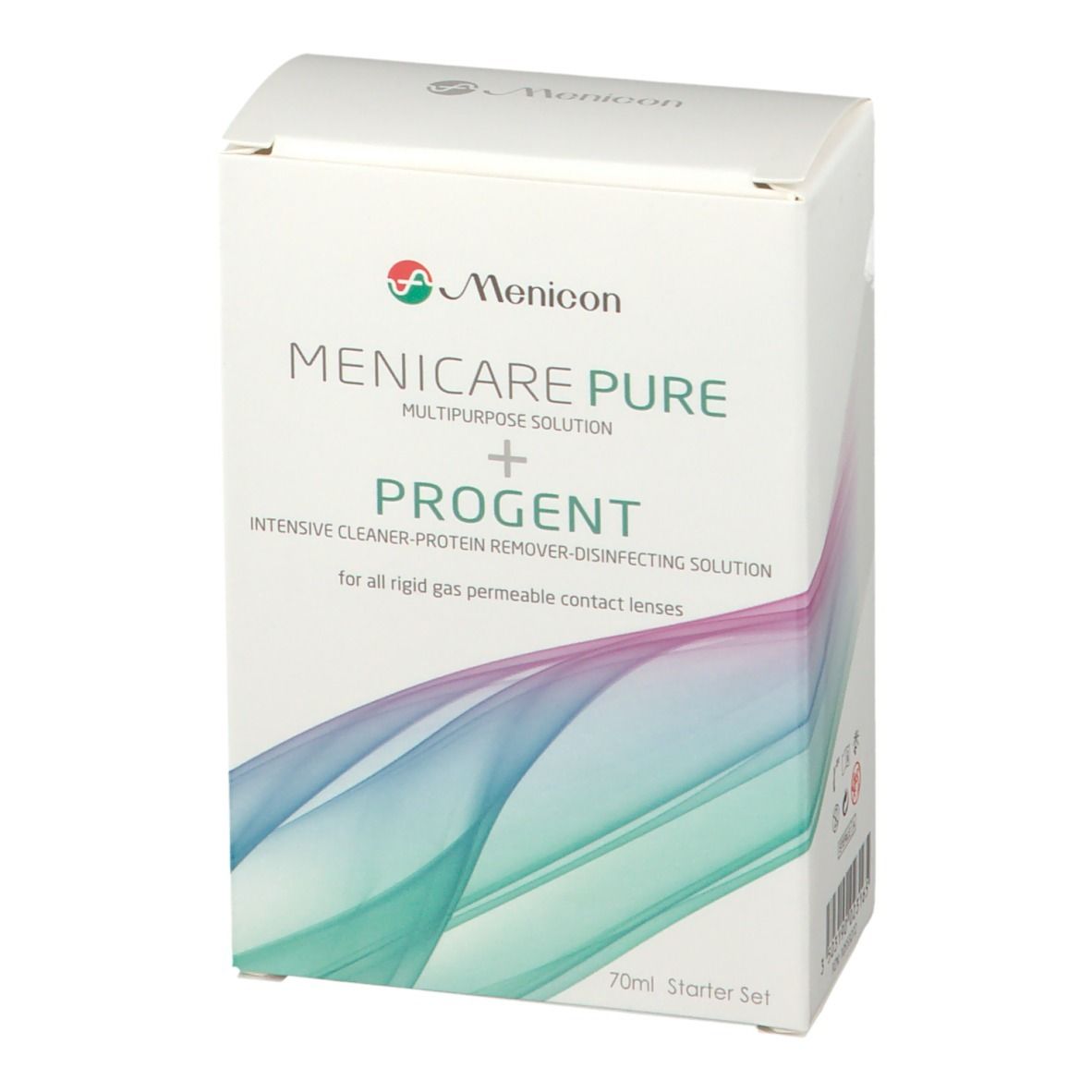 Weißer Karton mit Produktnamen MeniCare Pure + Progent. Enthält eine Lösung für Kontaktlinsen. 70ml Starter Set.