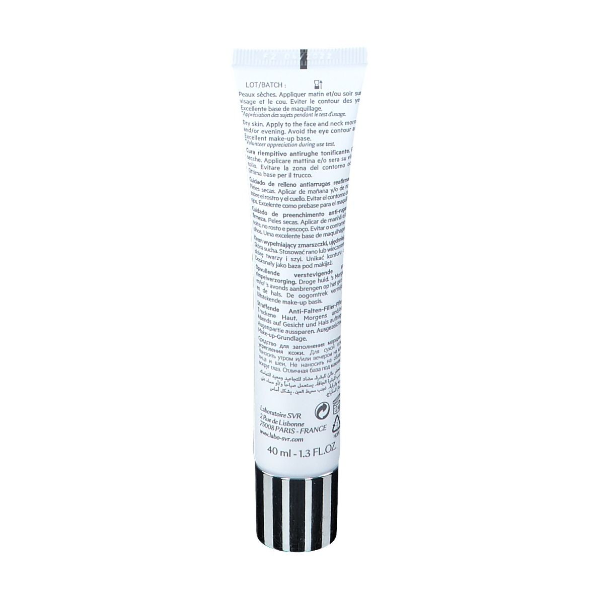 Retro del tubo. Testo multilingue, con istruzioni per l'uso e ingredienti.