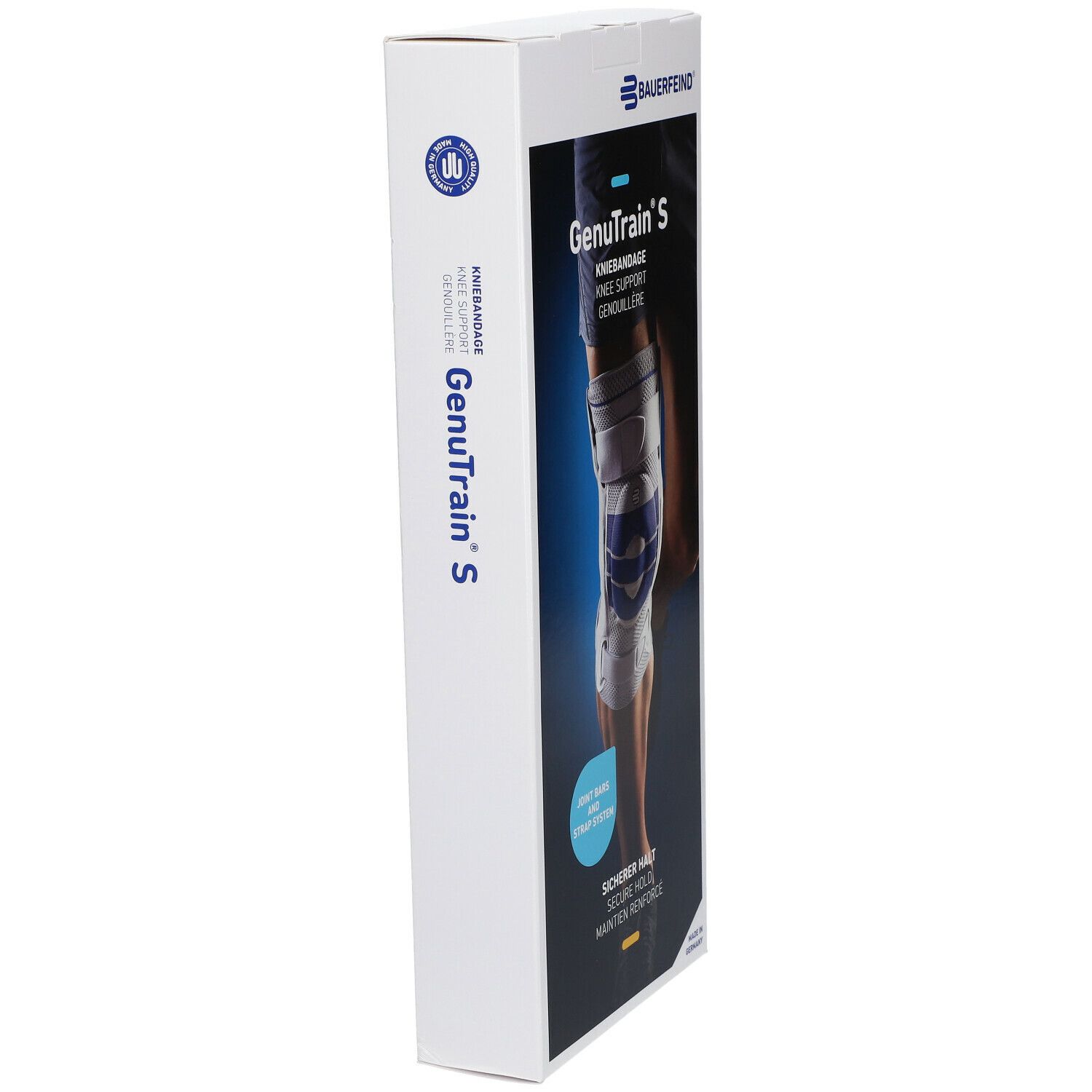 Emballage de la genouillère BAUERFEIND® GenuTrain® S. Vue latérale. Texte: Kniebandage, Knie-Support, Genuillère. Logo et nom du produit.