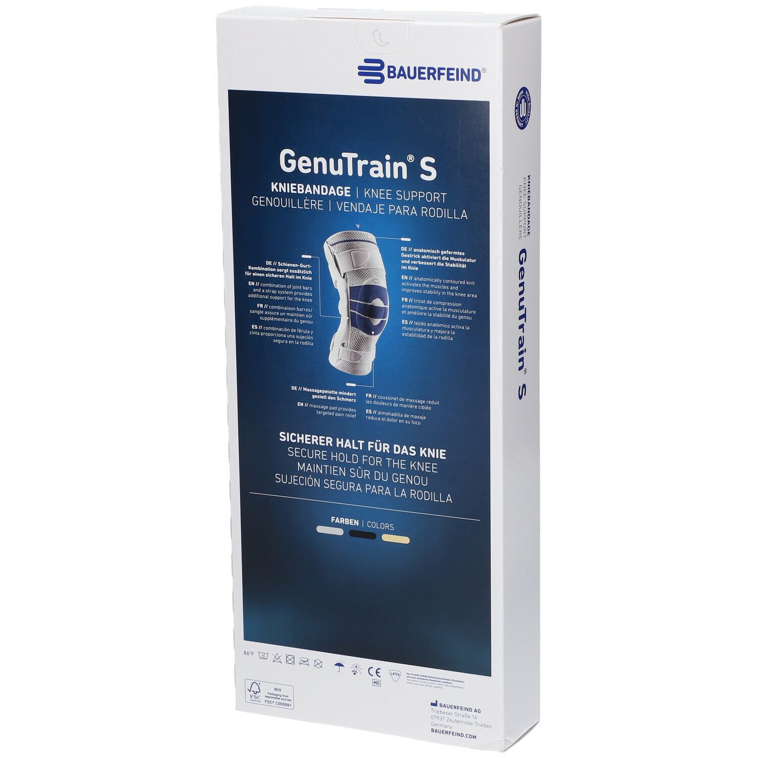 Dos de l'emballage de la genouillère BAUERFEIND® GenuTrain® S. Image du produit. Texte: Kniebandage, Knie-Support, Genuillère.