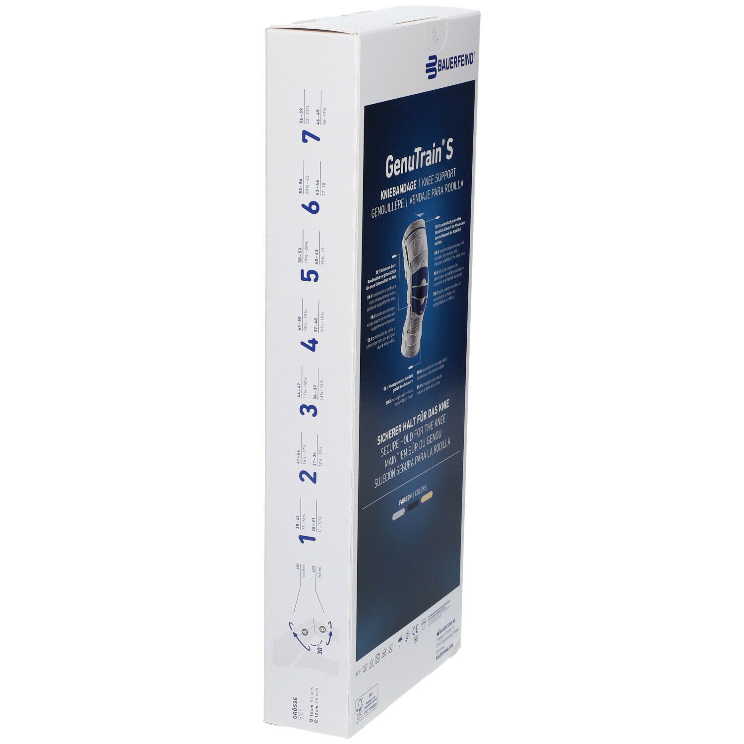 Emballage de la genouillère BAUERFEIND® GenuTrain® S. Vue latérale avec indications de taille. Texte: Kniebandage, Knie-Support, Genuillère.