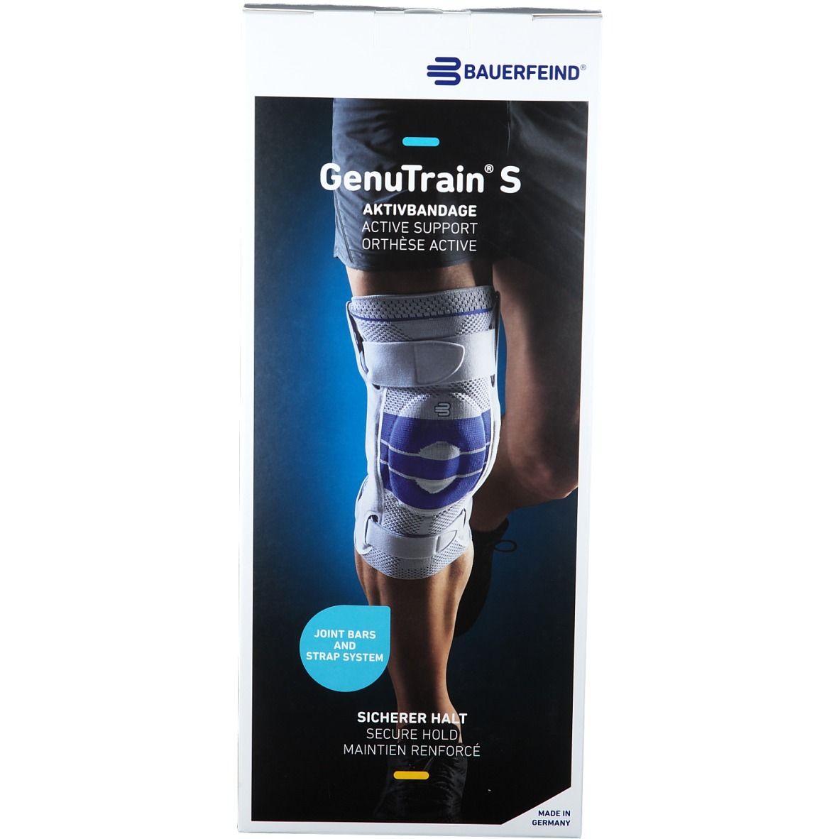 Genouillère avec accents bleus, portée sur une jambe. Texte: GenuTrain S, Active Support, Joint Bars and Strap System, Maintien renforcé.