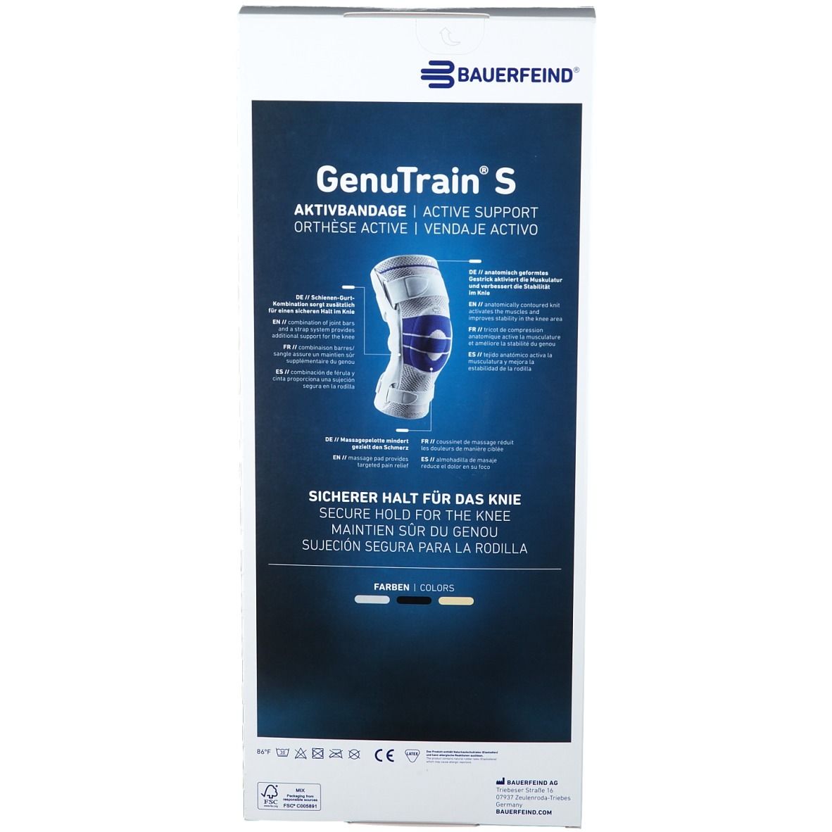 Emballage de la genouillère. Texte: GenuTrain S, Active Support, Maintien sûr du genou, Couleurs. Marque CE.