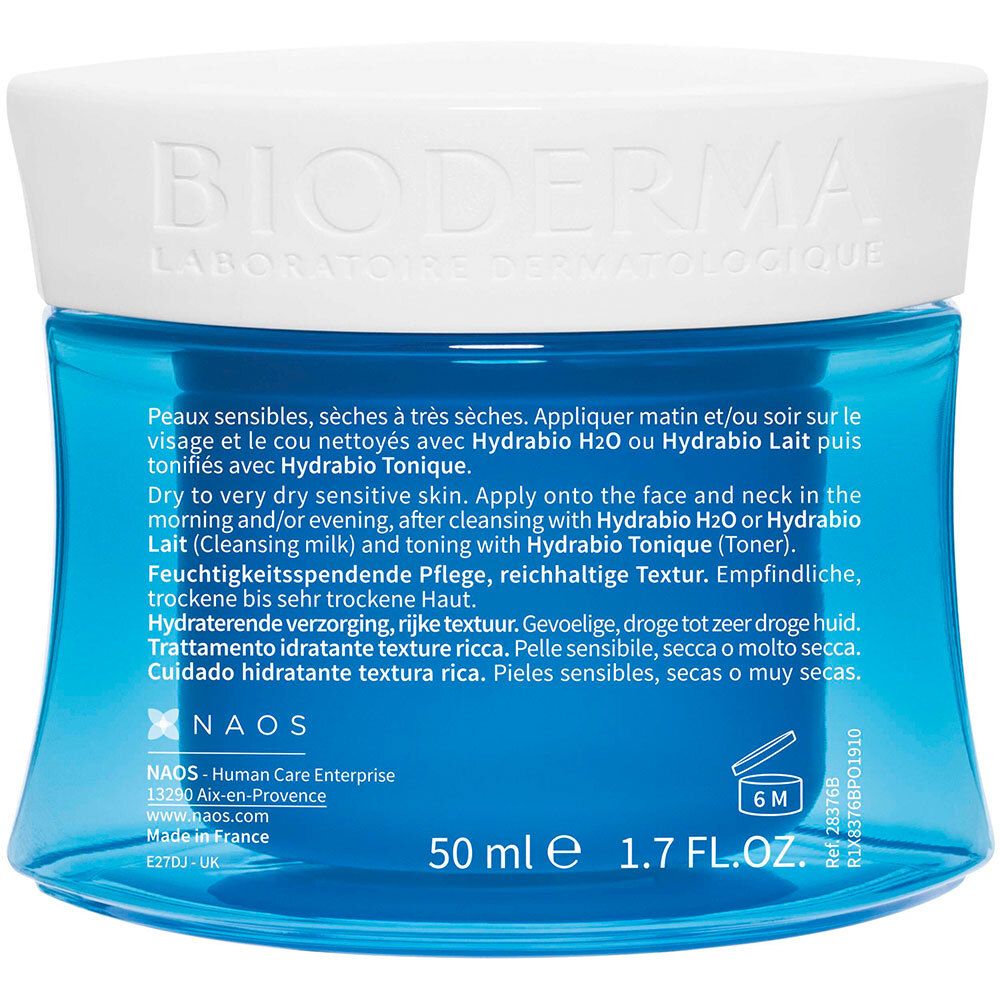 Dos du pot de crème bleu. Texte : BIODERMA, Hydrabio H2O, 50 ml, 1.7 FL.OZ. Pour peaux sèches à très sèches.