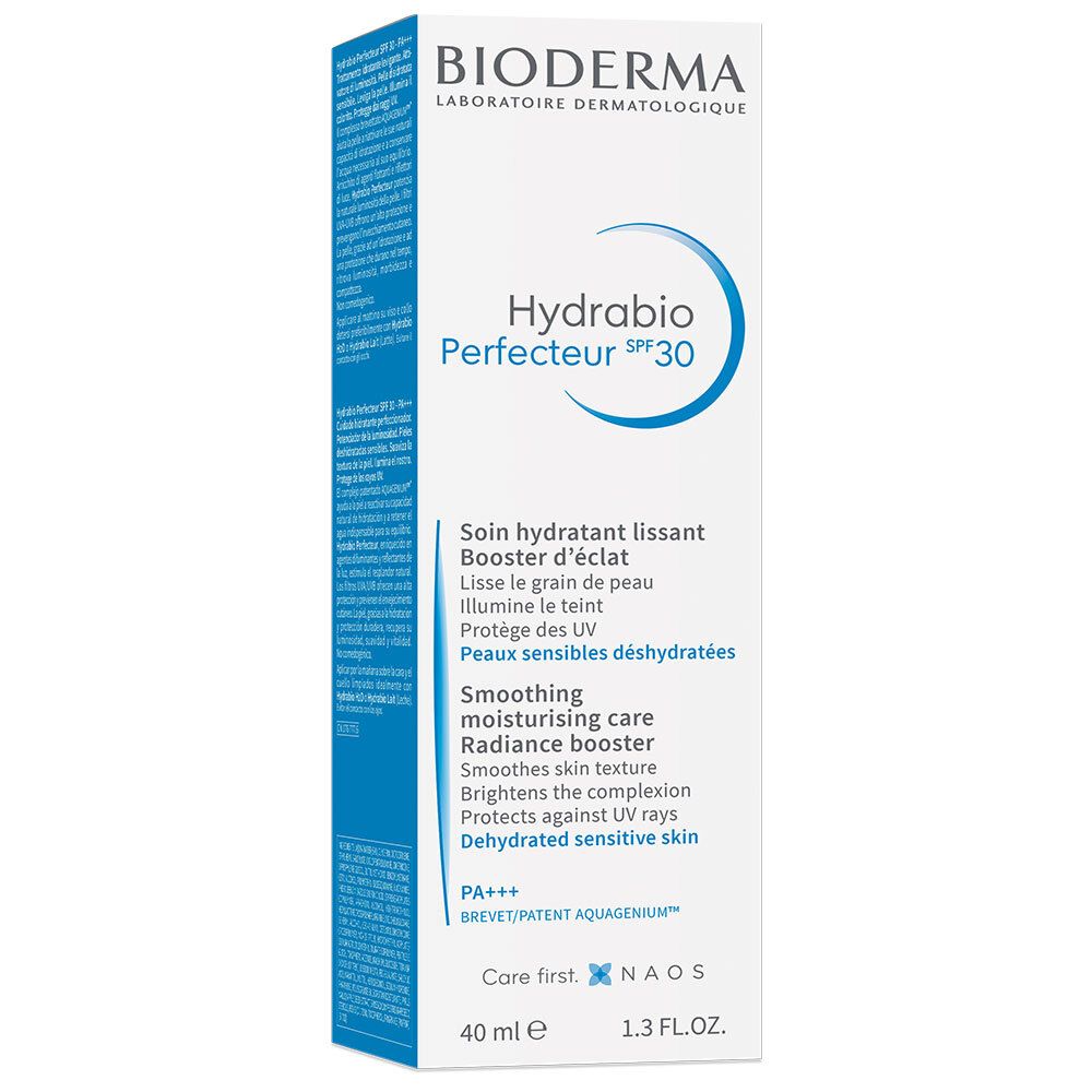 Emballage bleu avec écriture blanche. Inscription : BIODERMA, Hydrabio Perfecteur SPF 30. Texte en français et anglais.