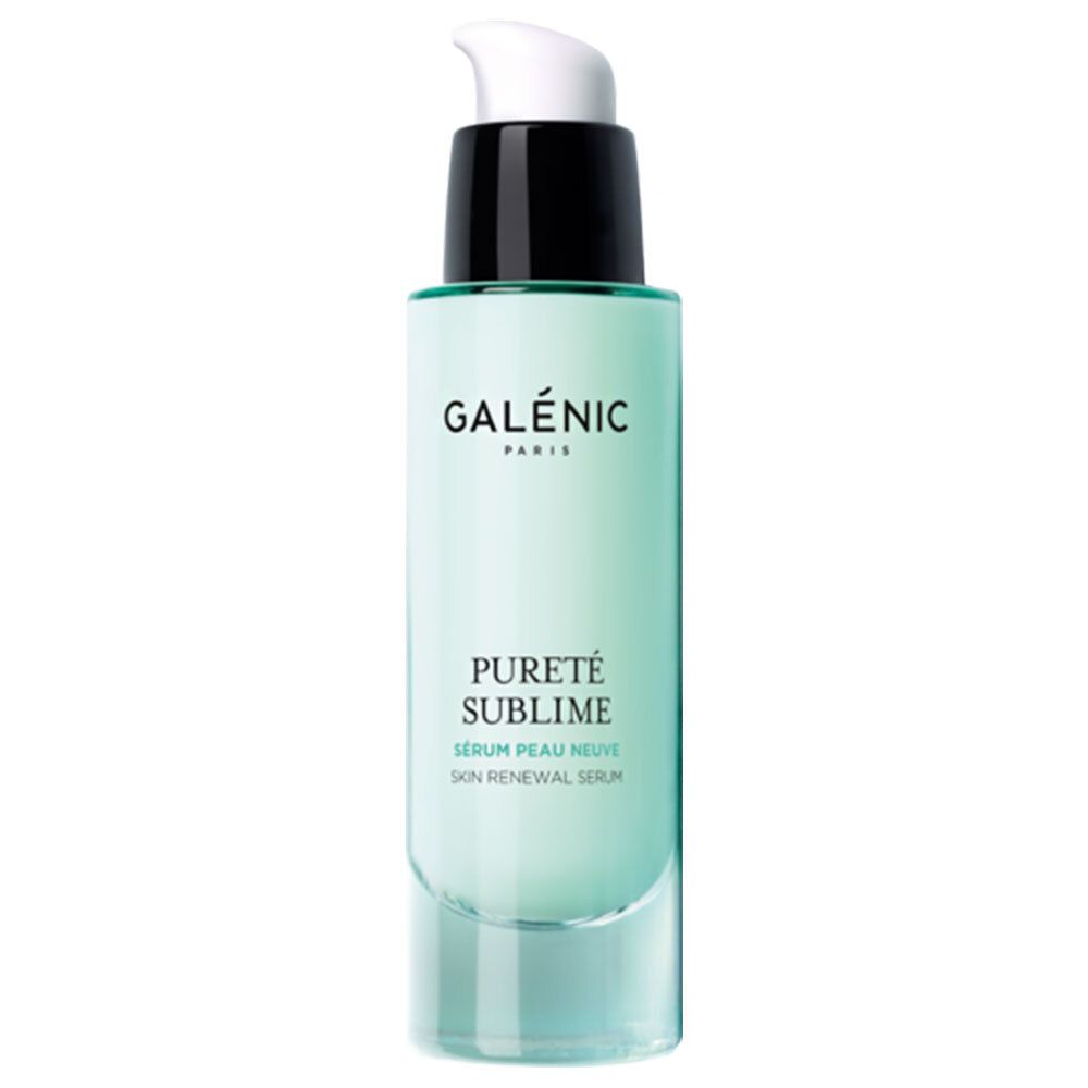 Flacon GALÉNIC PURETÉ. Texte: PURETÉ SUBLIME, SERUM PEAU NEUVE, SKIN RENEWAL SERUM. Pompe blanche et noire. Vue de face.