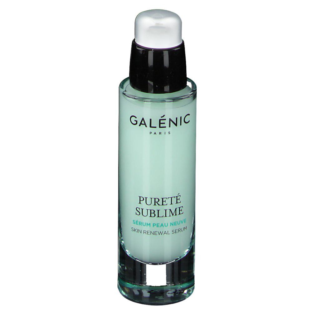 Flacon GALÉNIC PURETÉ. Texte: PURETÉ SUBLIME, SERUM PEAU NEUVE, SKIN RENEWAL SERUM. Pompe blanche et noire. Vue de face.