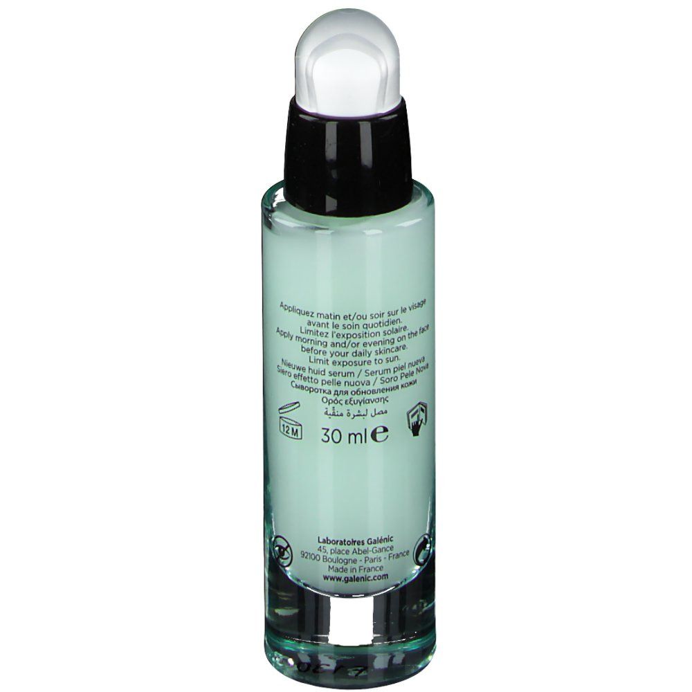 Flacon GALÉNIC PURETÉ. Texte et instructions. Vue arrière. 30 ml. Symbole 12M. Pompe blanche et noire.