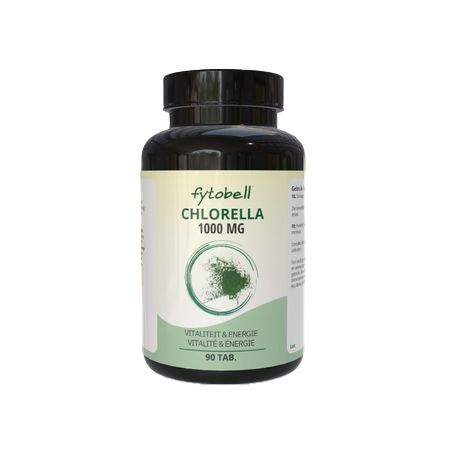 Fles fytobell Chlorella 1000 MG. Zwarte dop, wit etiket met groene accenten. 90 tabletten.