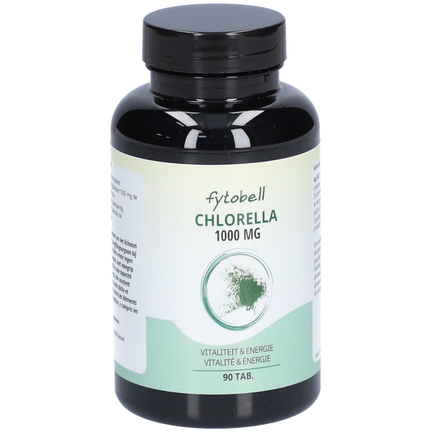 Fles fytobell Chlorella 1000 MG. Zwarte dop, wit etiket met groene accenten. 90 tabletten.
