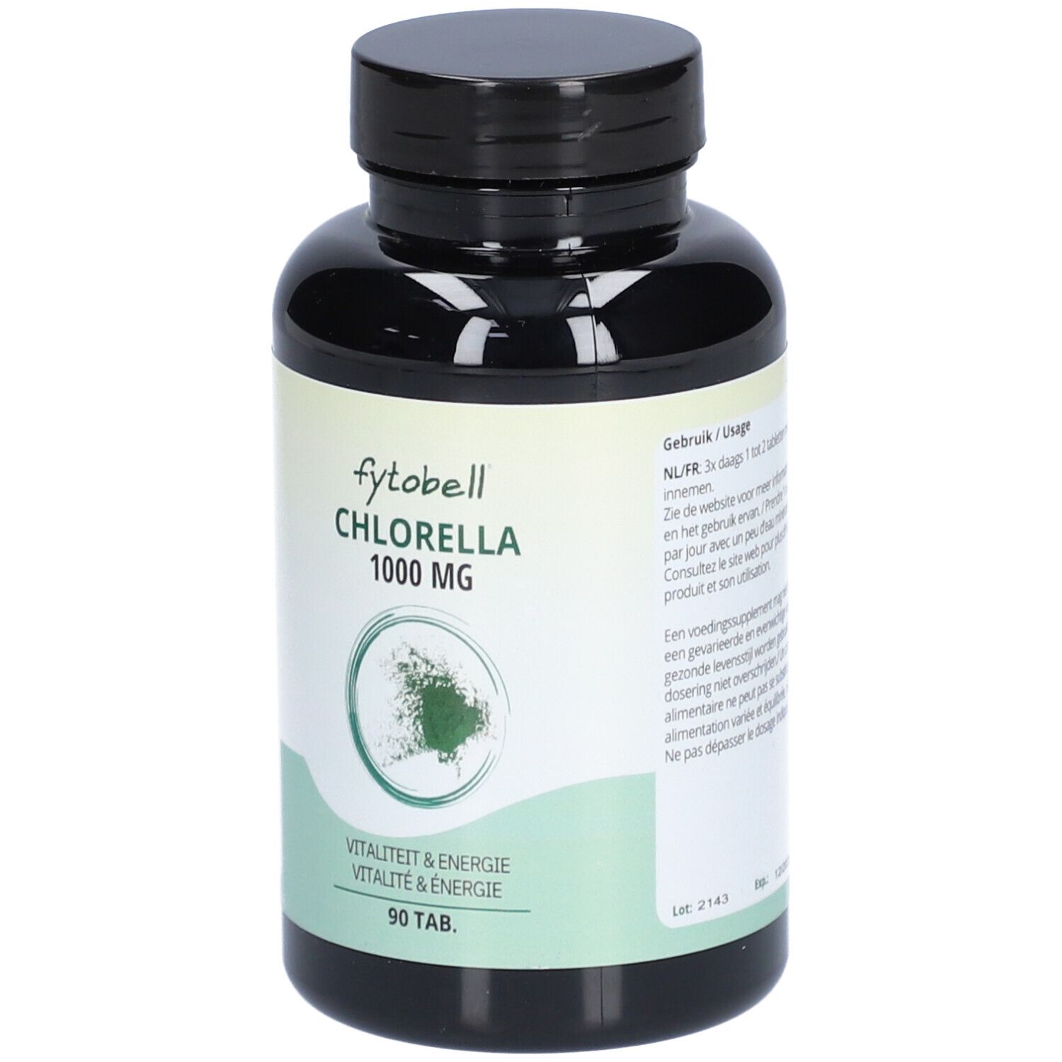 Fles fytobell Chlorella 1000 MG. Zwarte dop, wit etiket met groene accenten. 90 tabletten.