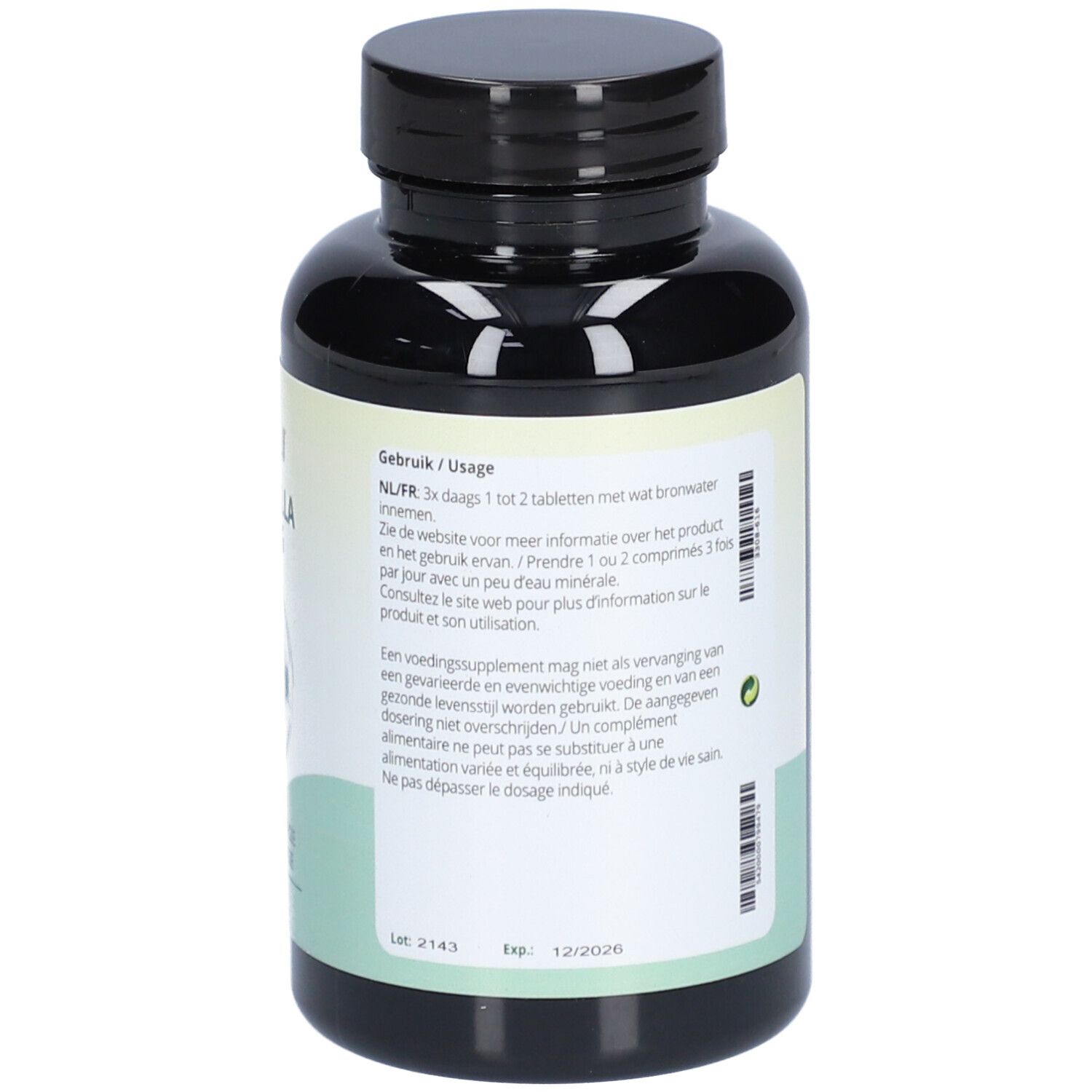 Achterkant fles fytobell Chlorella. Bevat informatie over gebruik. Wit etiket, zwarte fles.