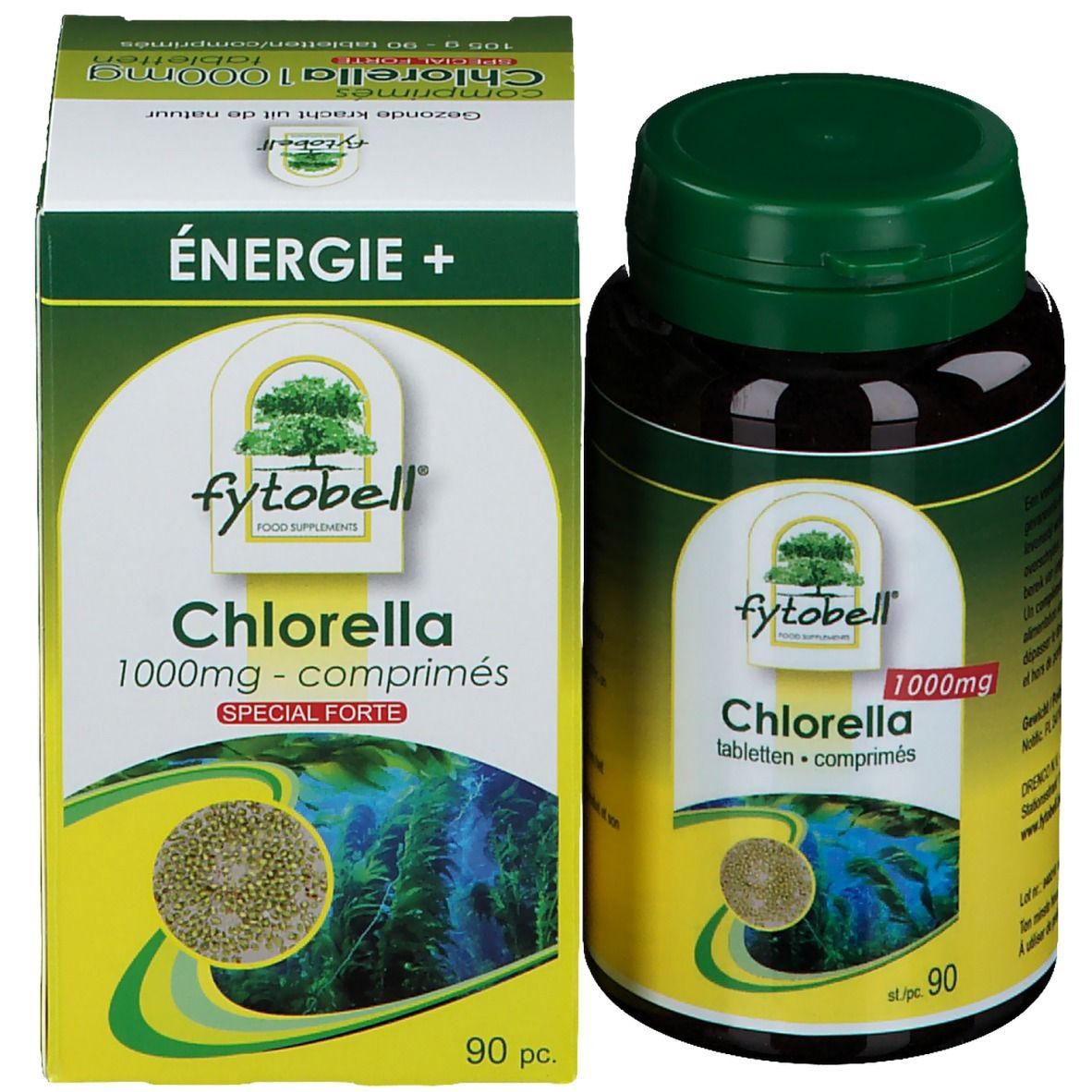 fytobell Chlorella in doos en fles. Doos met groene accenten. Fles met groene dop.