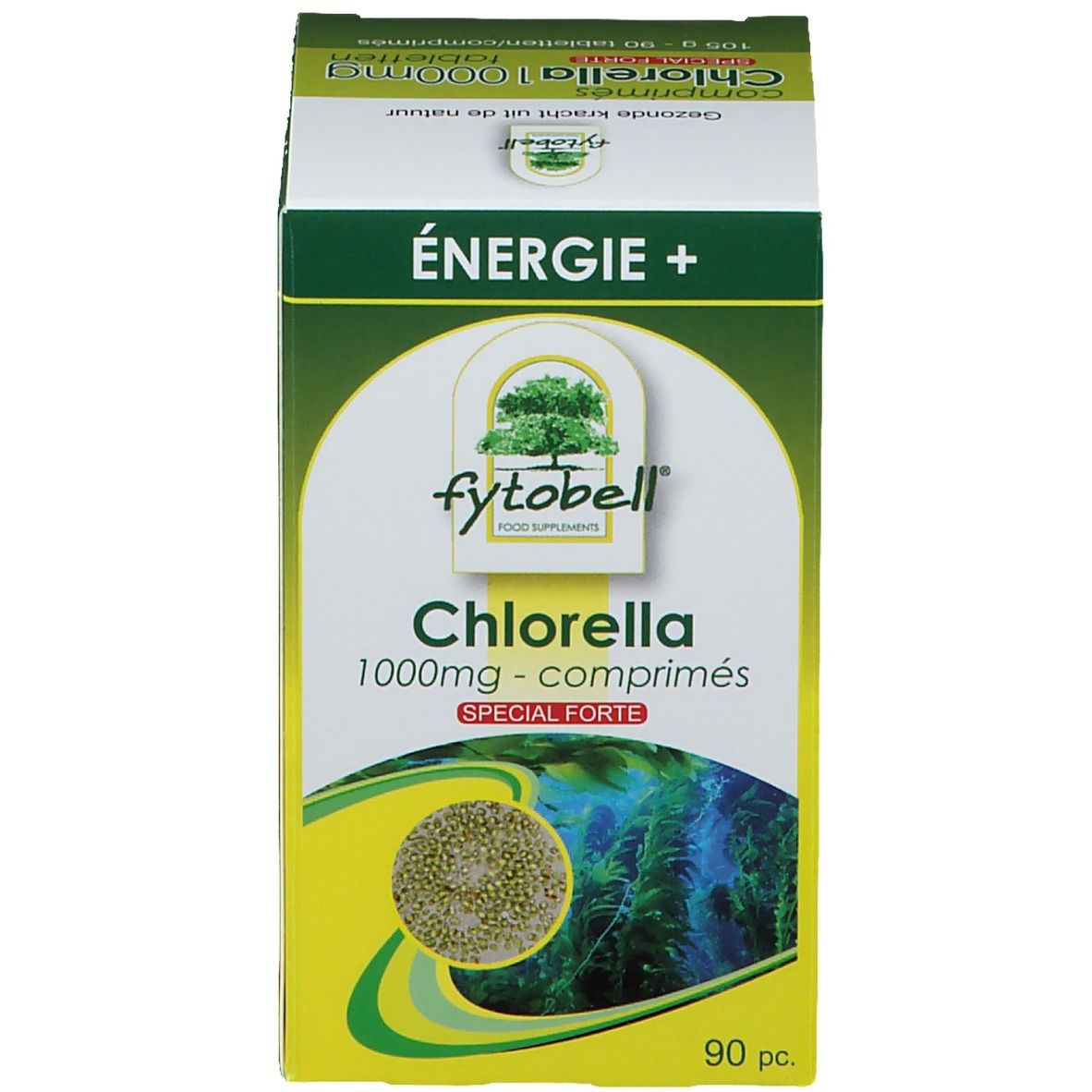 fytobell Chlorella doos. Groene accenten, tekst: Chlorella 1000mg - comprimés. 90 stuks.