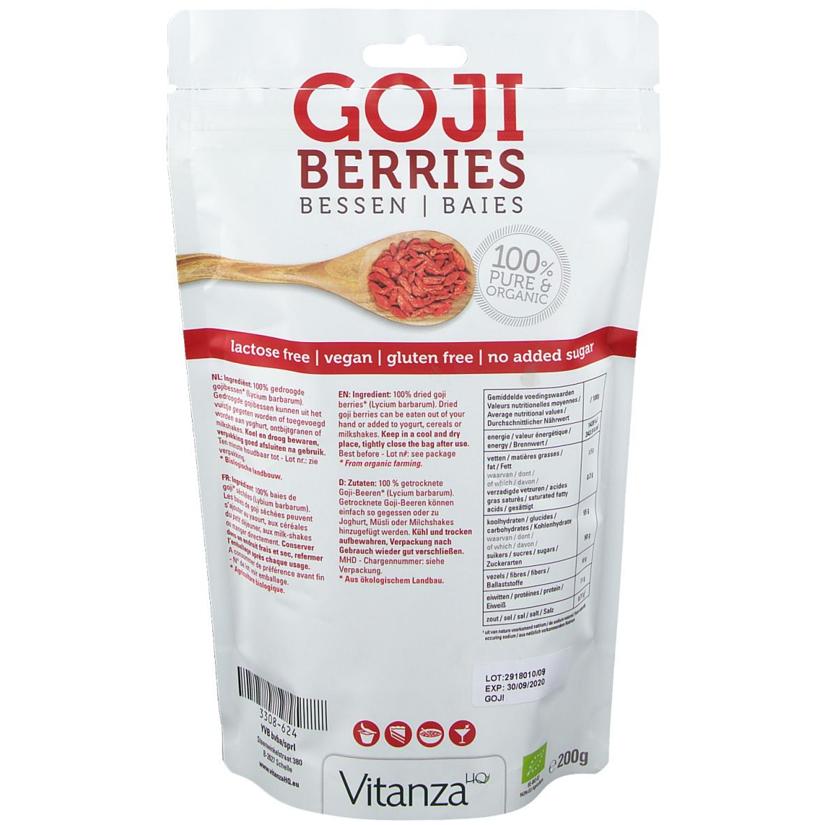 Dos du sachet de baies de goji. Texte : Goji Berries, sans gluten, végétalien, sans sucre ajouté. Label bio.