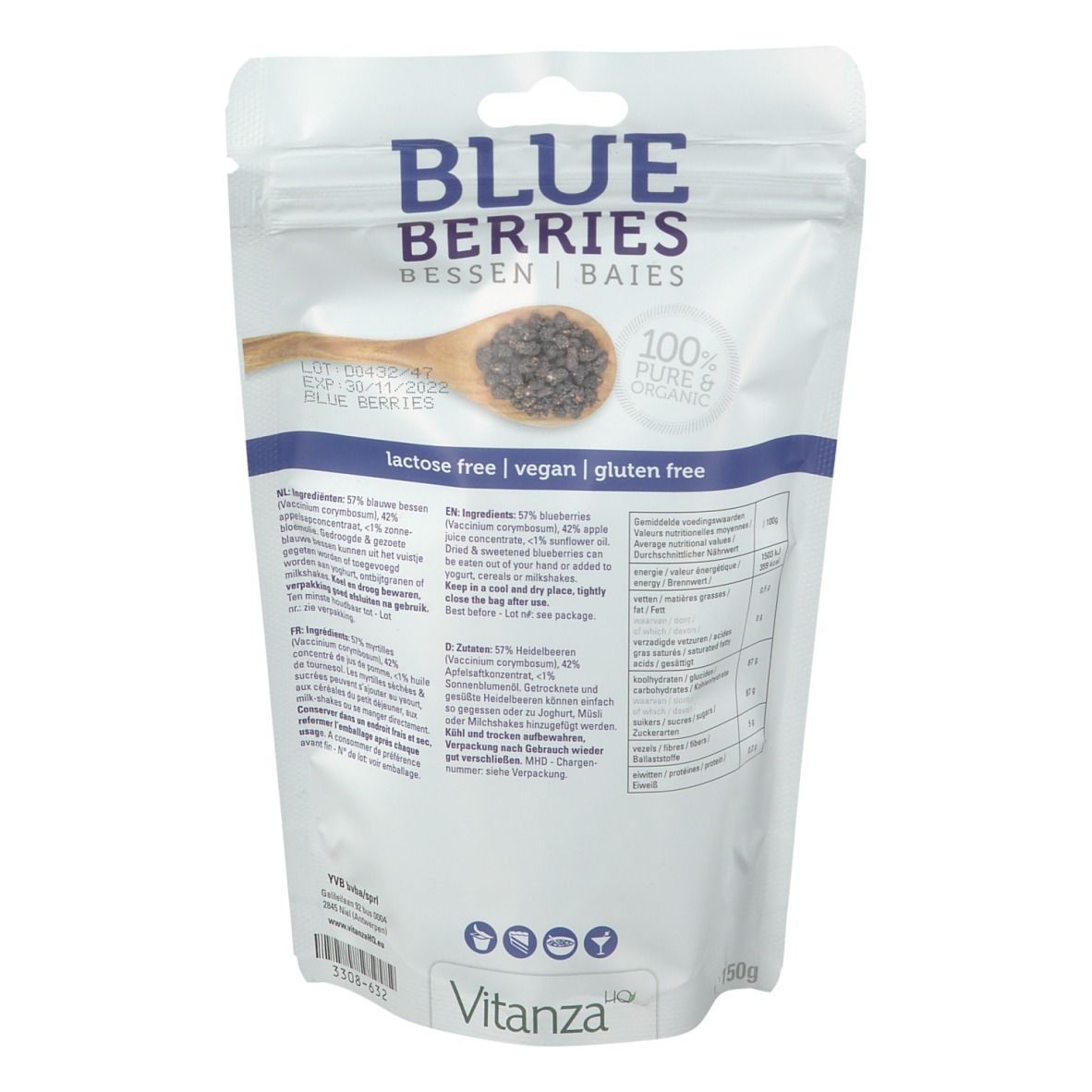Rückseite der Blaubeeren-Verpackung. Aufschrift: "Blue Berries", "lactose free", "vegan", "gluten free". Marke: Vitanza.