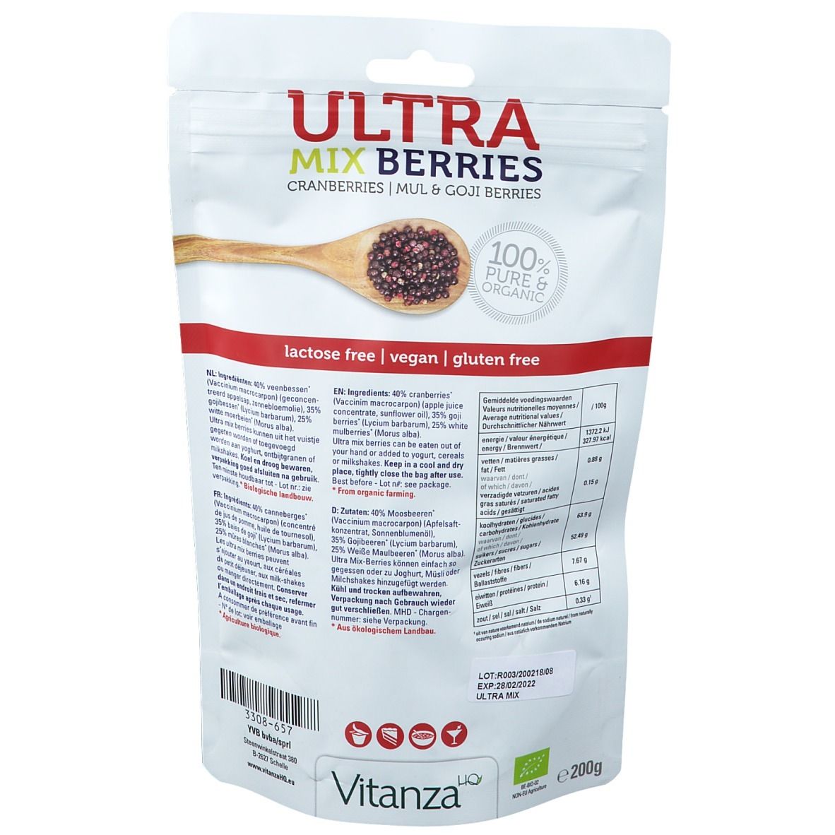 Dos du paquet Ultra Mix Berries. Contient des informations sur les ingrédients et les valeurs nutritionnelles. Végétalien, sans gluten. Avec label bio.