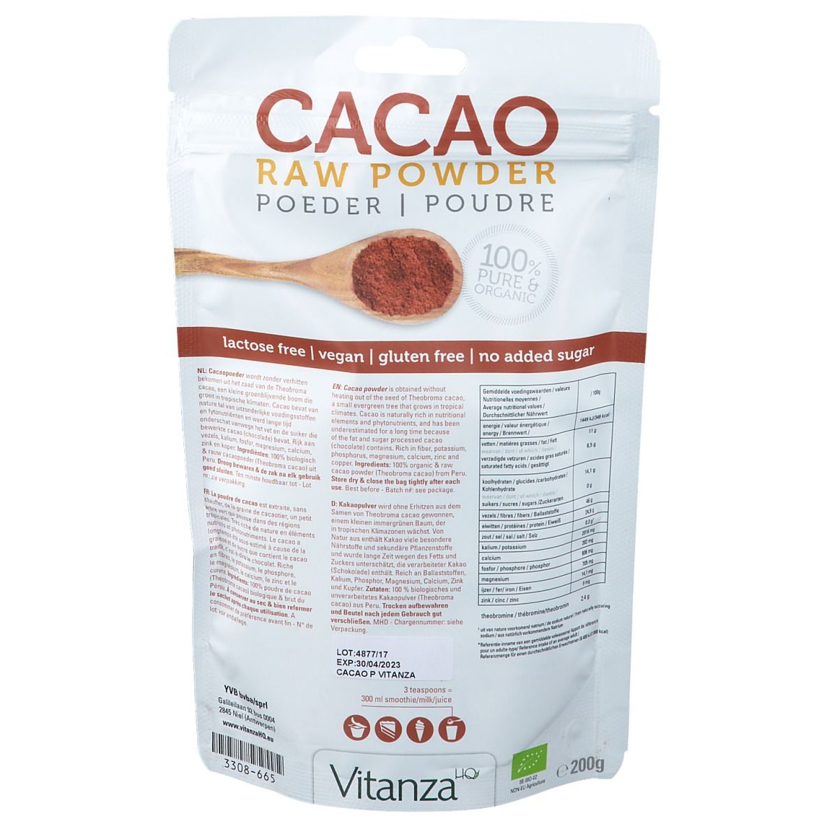 Achterkant van de cacaopoederverpakking. Opschrift: Cacao Raw Powder. 100% Pure & Organic. Vitanza-logo. Voedingswaarde. 200g.