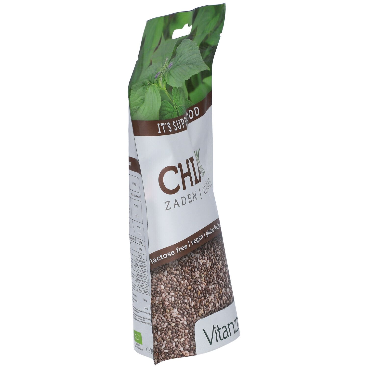 Schrägansicht eines Beutels mit Chia-Samen. Aufschrift: Chia Raw Seeds, Zaden, Graines. Vegan, glutenfrei, ohne Zuckerzusatz. Vitanza-Logo.