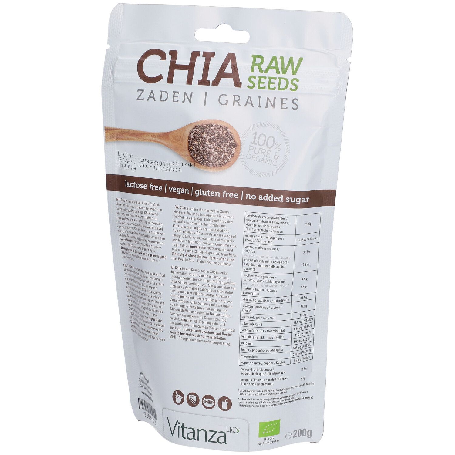 Rückseite eines Beutels mit Chia-Samen. Aufschrift: Chia Raw Seeds, Zaden, Graines. Vegan, glutenfrei, ohne Zuckerzusatz. Vitanza-Logo. 200g.