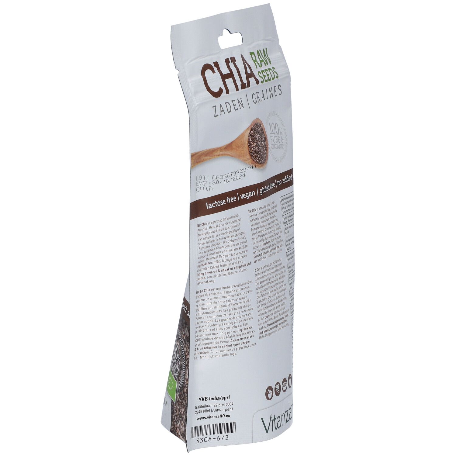 Schrägansicht der Rückseite eines Beutels mit Chia-Samen. Aufschrift: Chia Raw Seeds, Zaden, Graines. Vegan, glutenfrei, ohne Zuckerzusatz. Vitanza-Logo.
