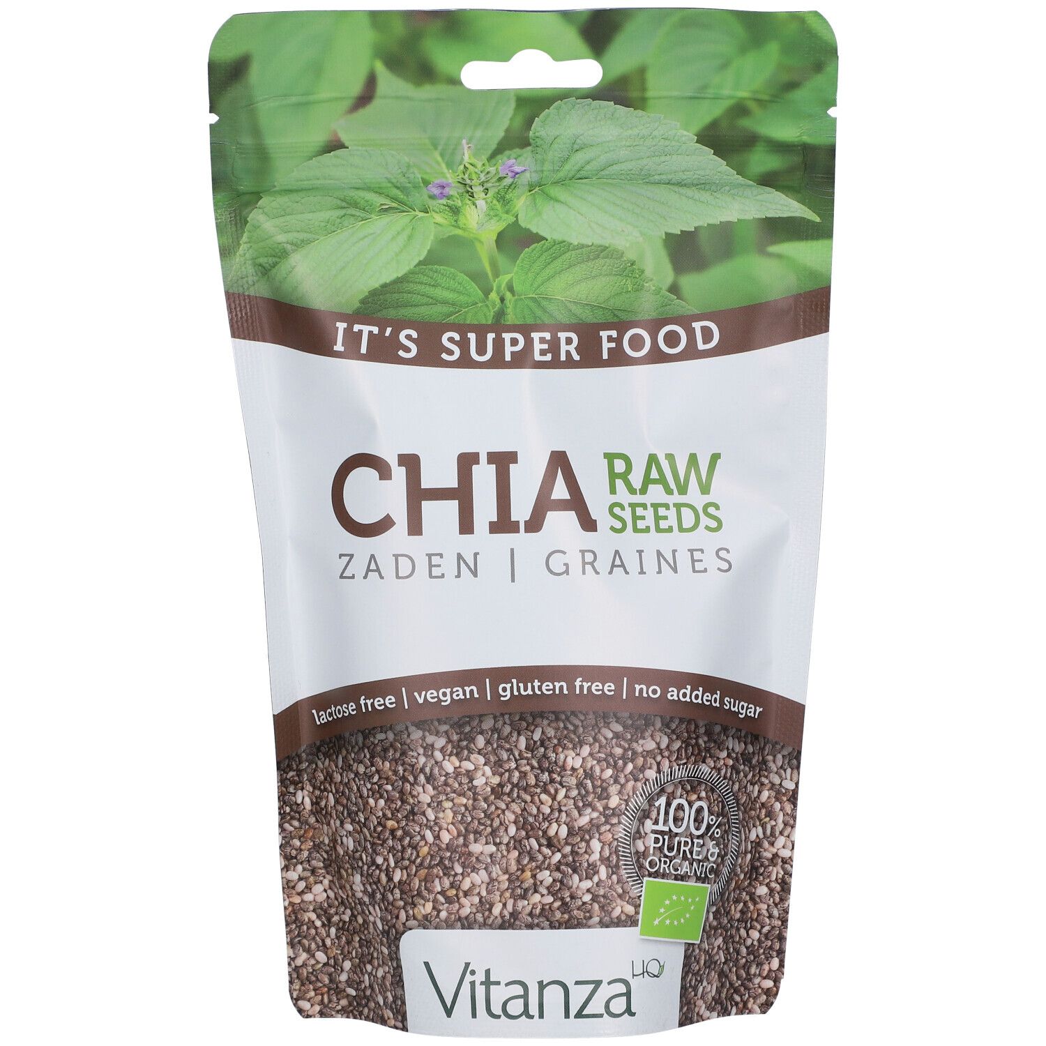 Beutel mit Chia-Samen. Aufschrift: Chia Raw Seeds, Zaden, Graines. Vegan, glutenfrei, ohne Zuckerzusatz. Vitanza-Logo. 100% Bio.