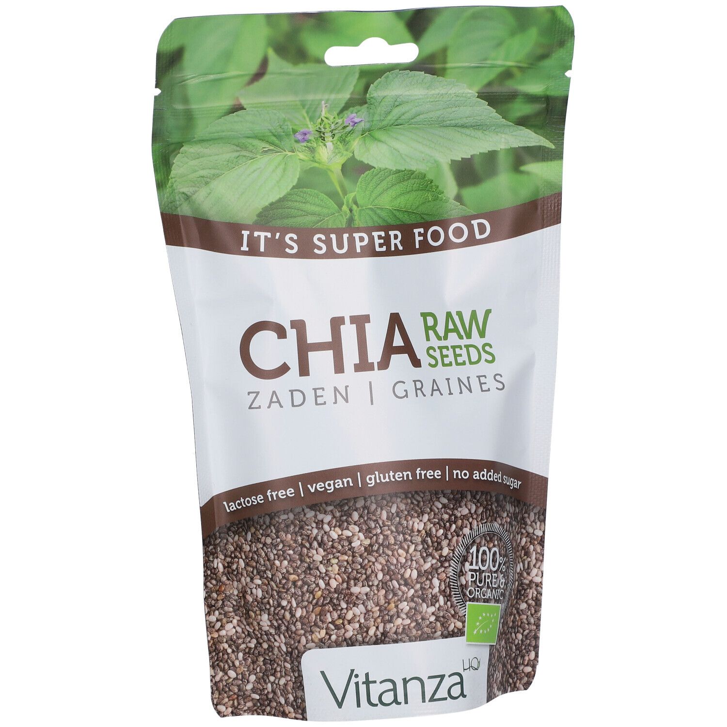 Beutel mit Chia-Samen. Aufschrift: Chia Raw Seeds, Zaden, Graines. Vegan, glutenfrei, ohne Zuckerzusatz. Vitanza-Logo. 100% Bio.