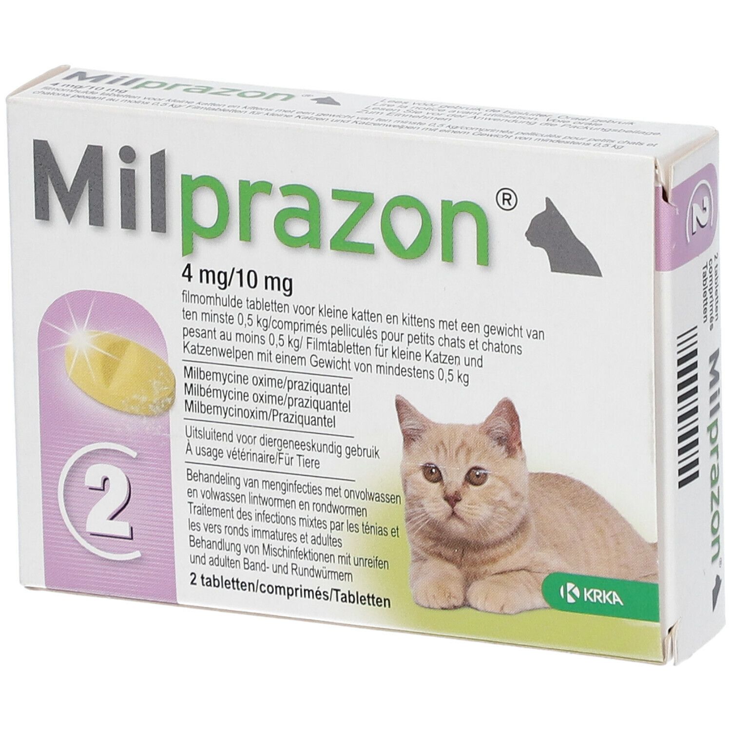 Boîte Milprazon 4mg/10mg pour chats. Contient 2 comprimés. Chat sur l'emballage.