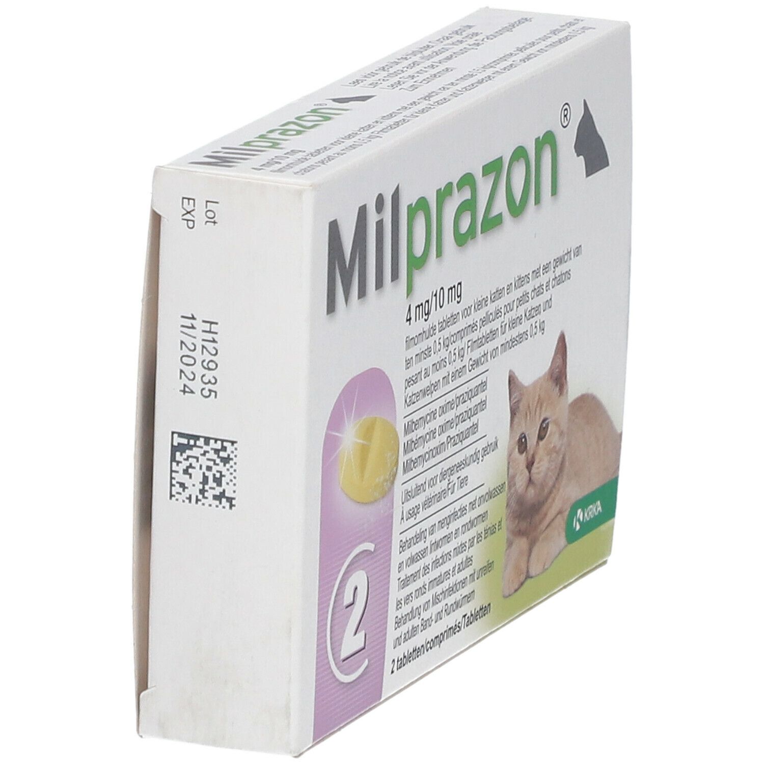 Vue latérale de la boîte. Nom du produit et chat. Expiration 11/2024. 4mg/10mg.