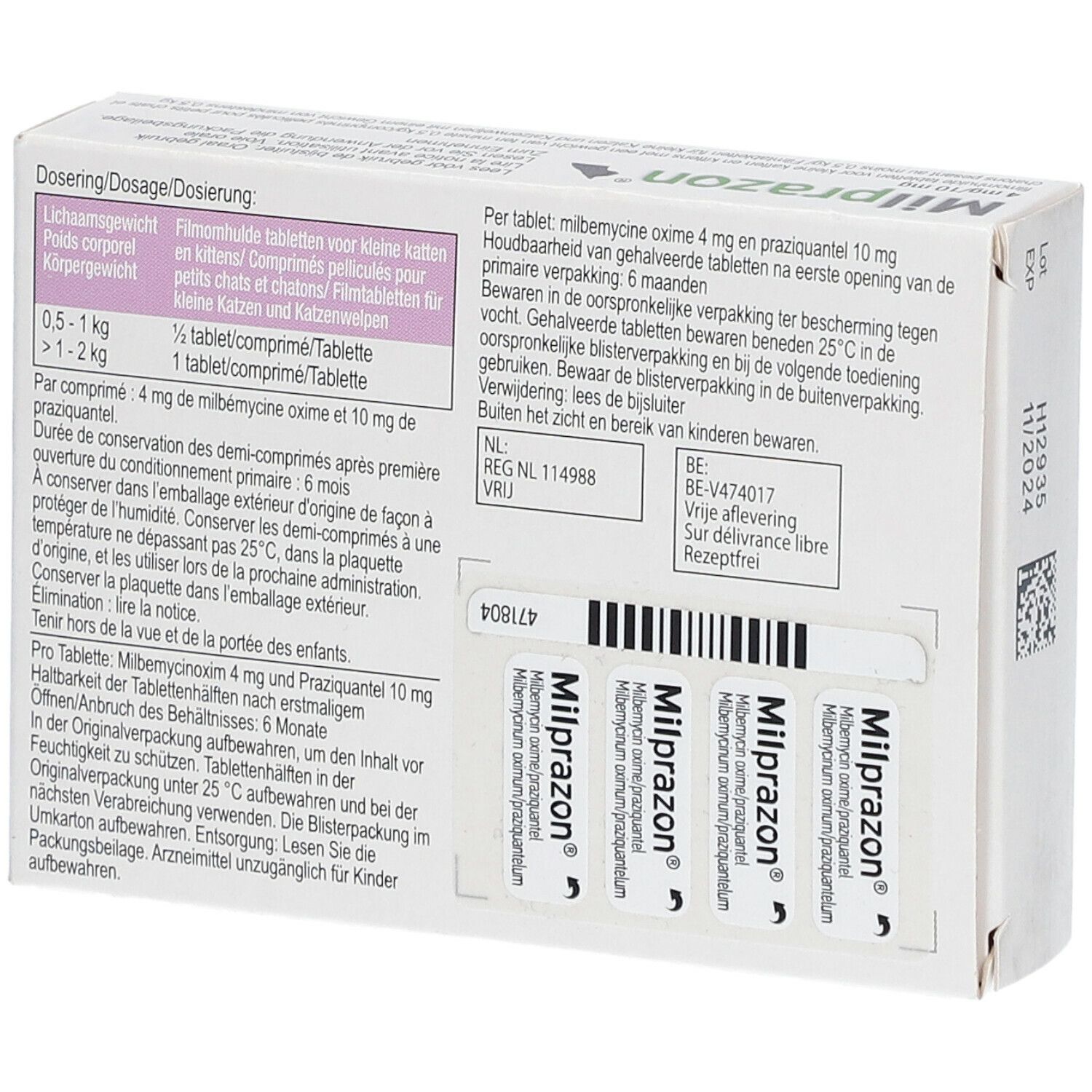 Dosage et informations au dos de la boîte. Contient 2 comprimés. 4mg/10mg.
