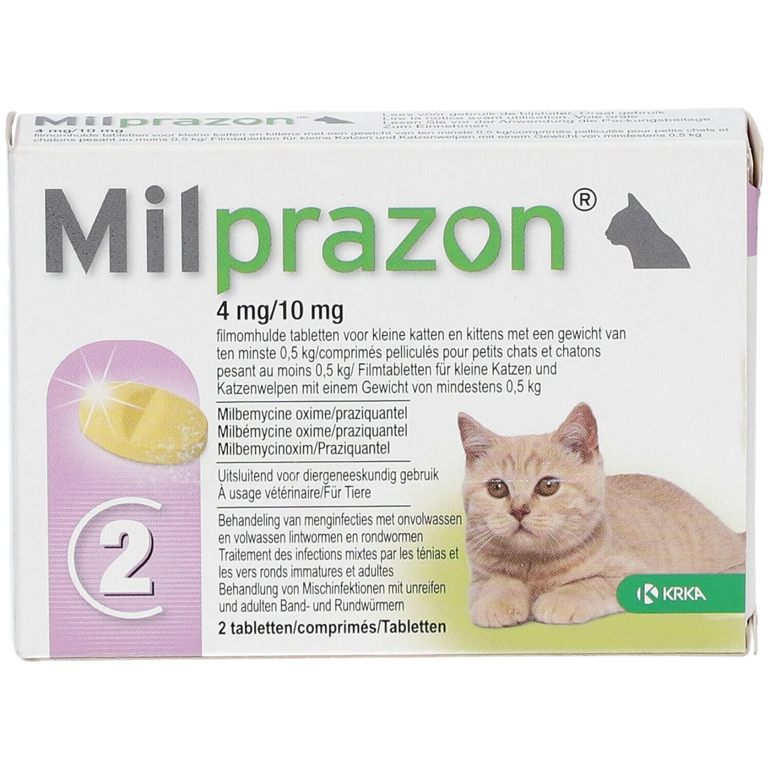 Boîte Milprazon 4mg/10mg pour chats. Contient 2 comprimés. Chat sur l'emballage.