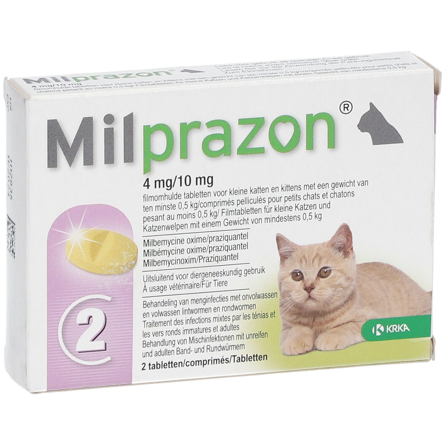Boîte Milprazon 4mg/10mg pour chats. Contient 2 comprimés. Chat sur l'emballage.