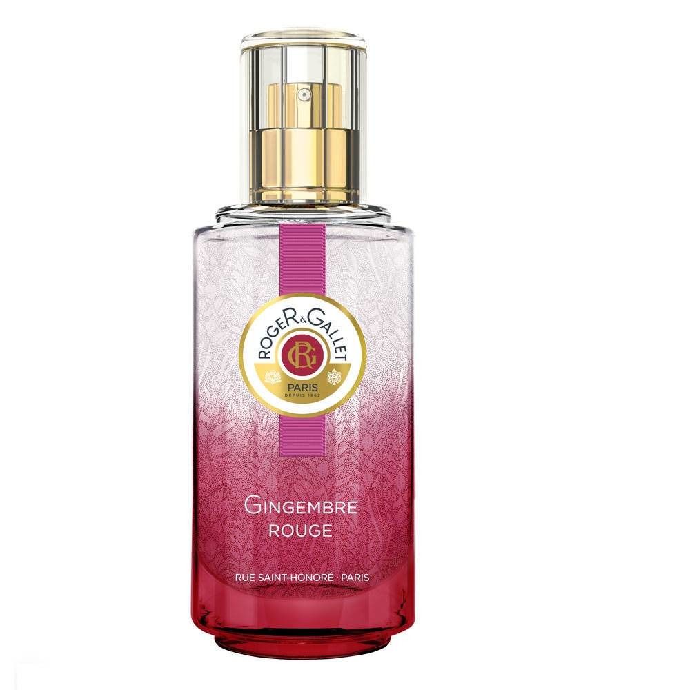 Parfumfles met verstuiver. Roze-rode kleurovergang. Opschrift: Roger & Gallet, Gingembre Rouge, Rue Saint-Honoré Paris.