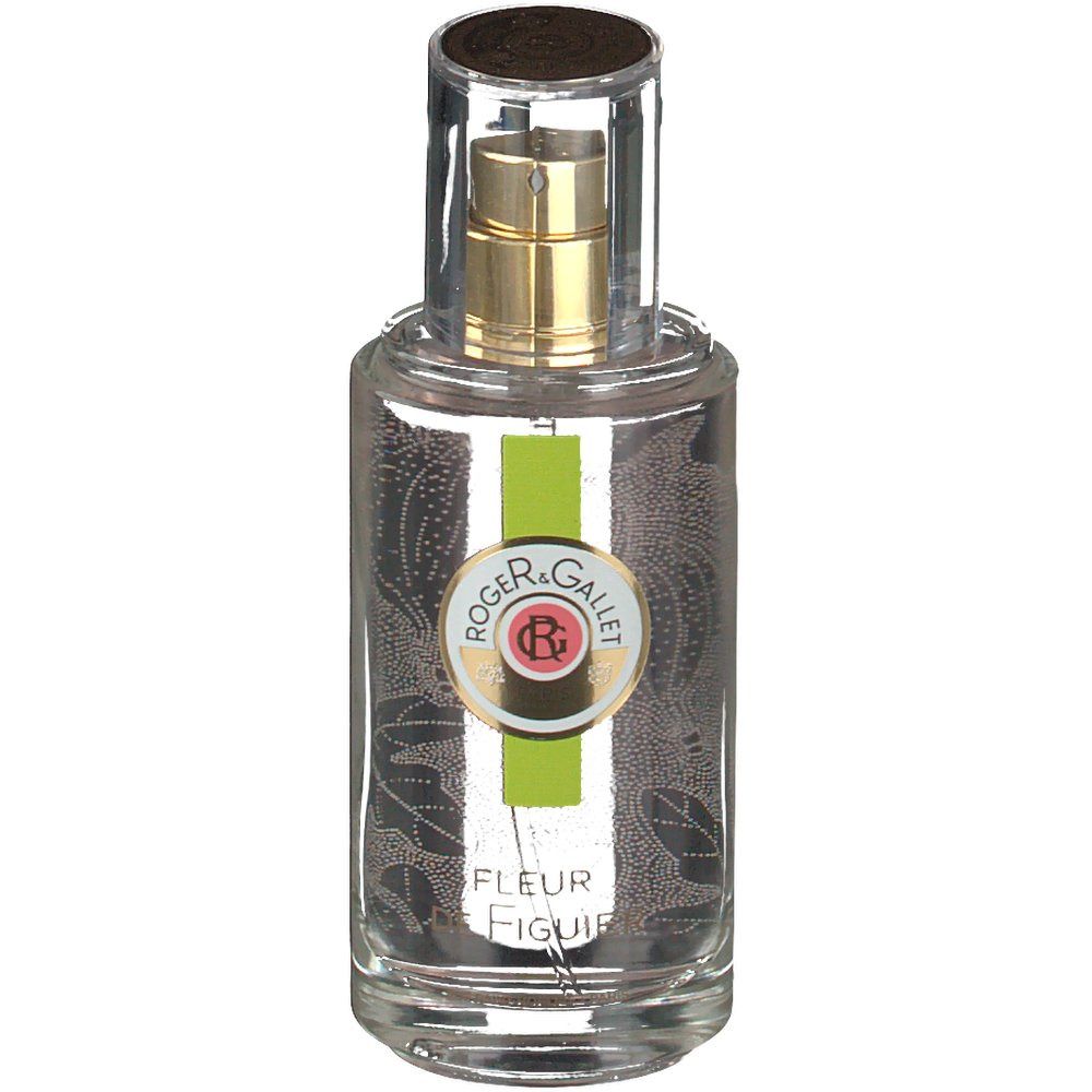 Flacon en verre avec vaporisateur doré et capuchon transparent. Logo et texte 'Roger & Gallet' et 'Fleur Figuier'.