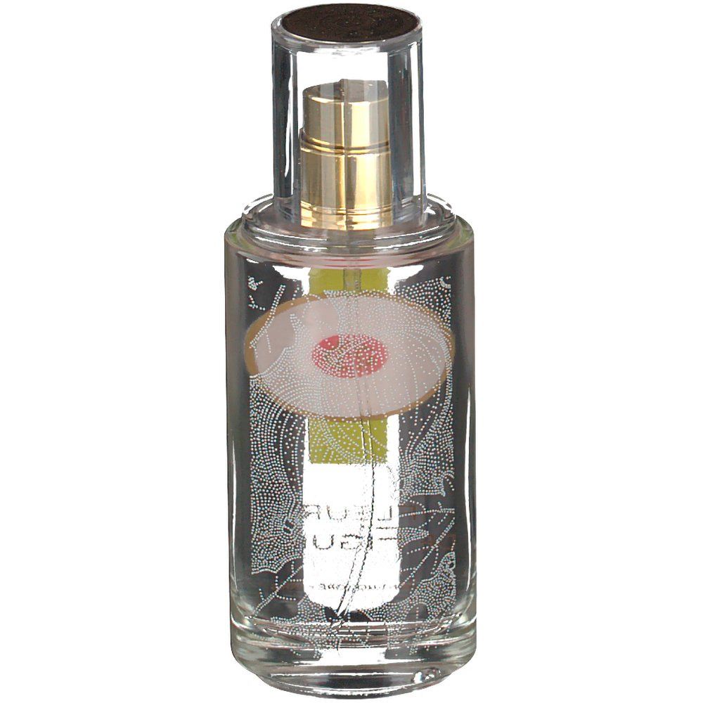 Flacon en verre avec vaporisateur doré et capuchon transparent. Logo et texte 'Roger & Gallet' et 'Fleur Figuier'.